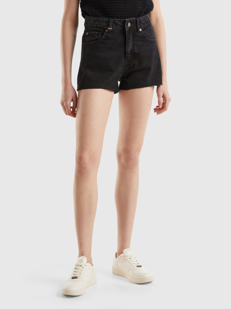 Benetton, Frayed Shorts In Recycled Cotton Blend, Black, Women