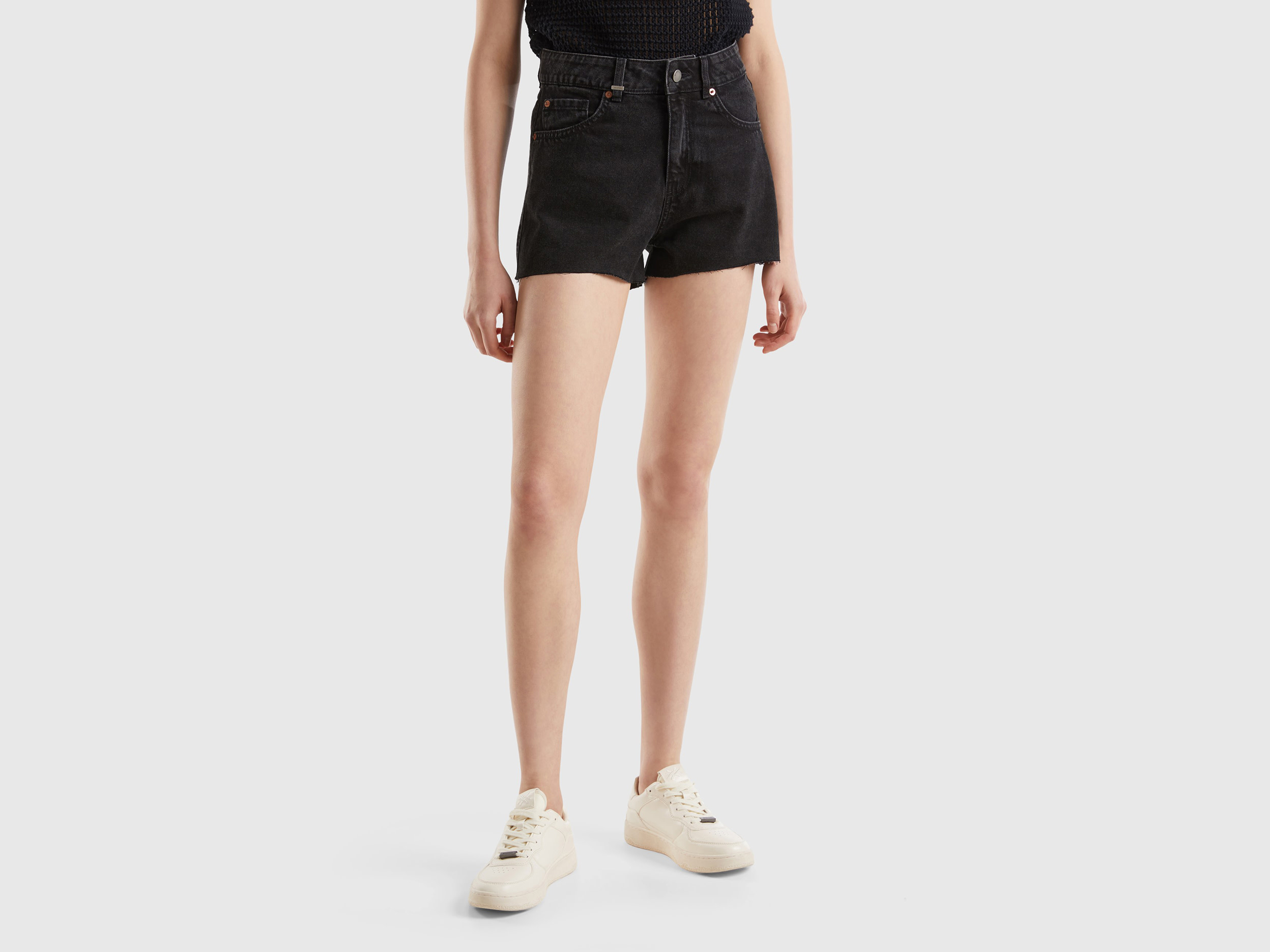 Image of Benetton, Frayed Shorts In Recycled Cotton Blend, size 25, Black, Women