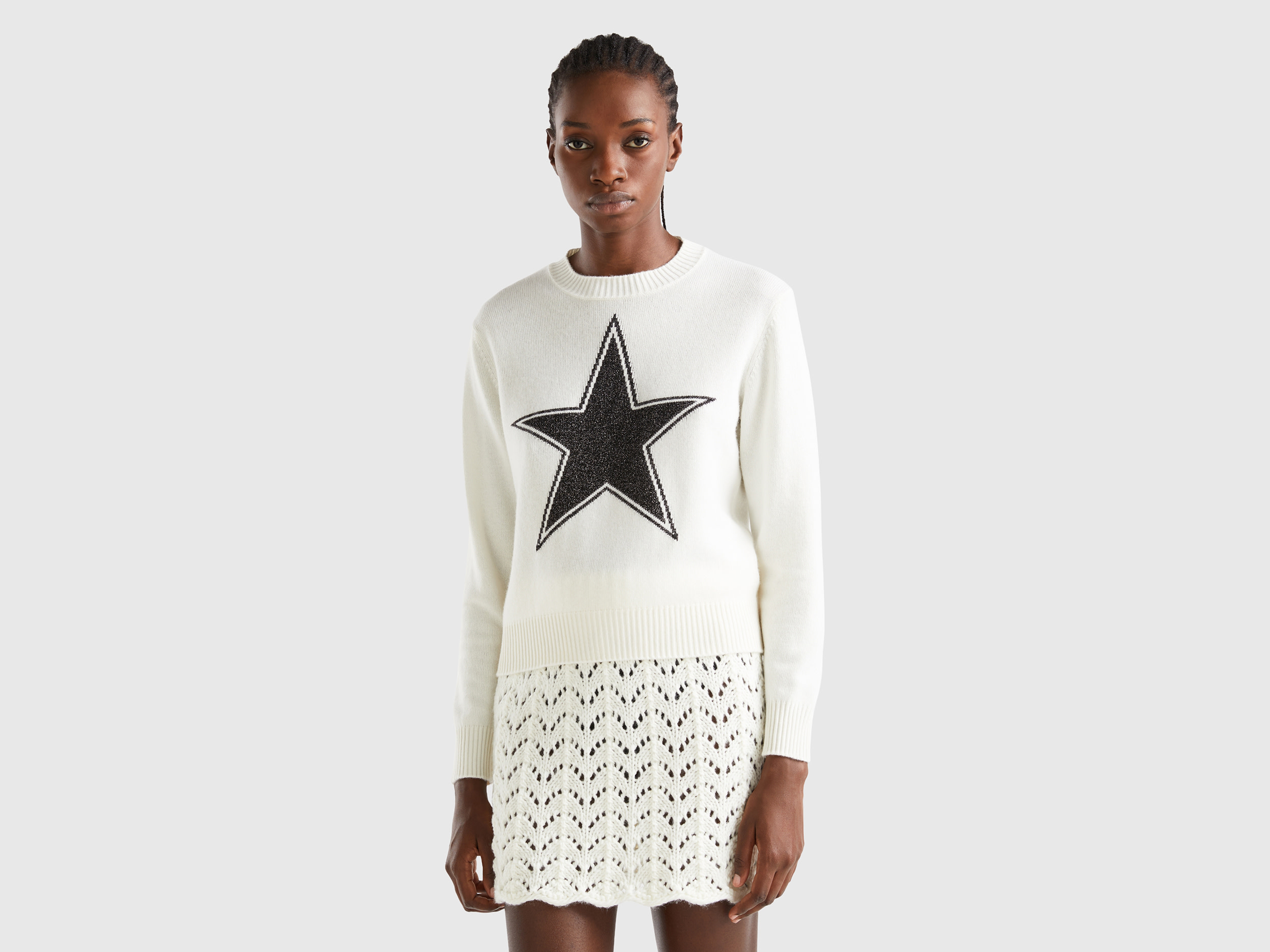 Benetton, Sweater With Lurex Star, size XL, White, Women
