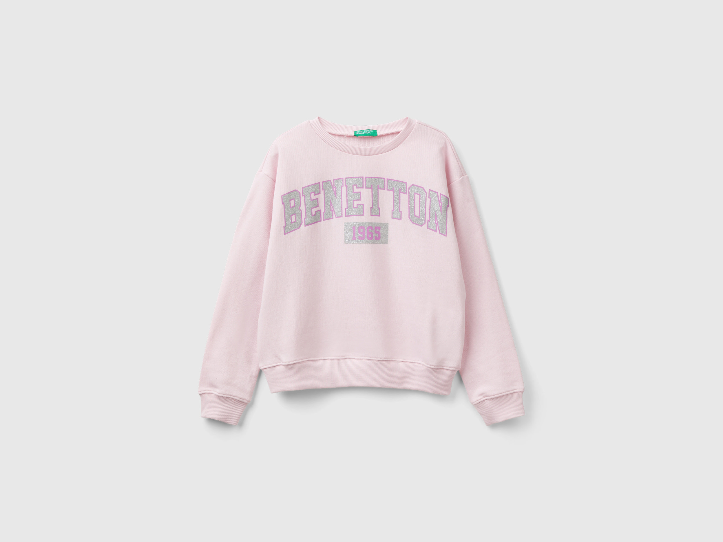 Benetton, Felpa 100% Cotone Con Logo Glitter, Rosa, Bambini