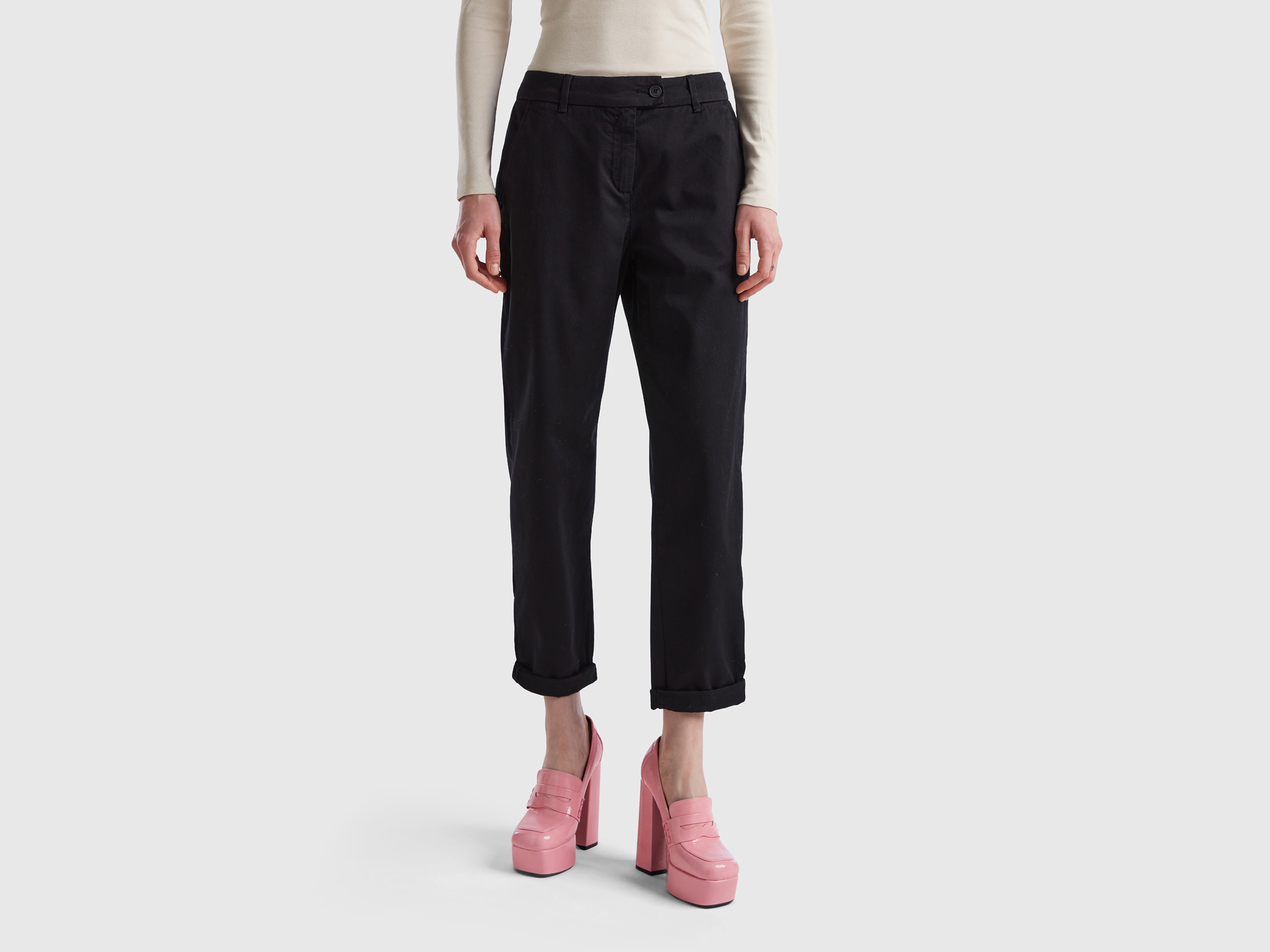 Benetton, Stretch Cotton Chino Trousers, size 16, Black, Women
