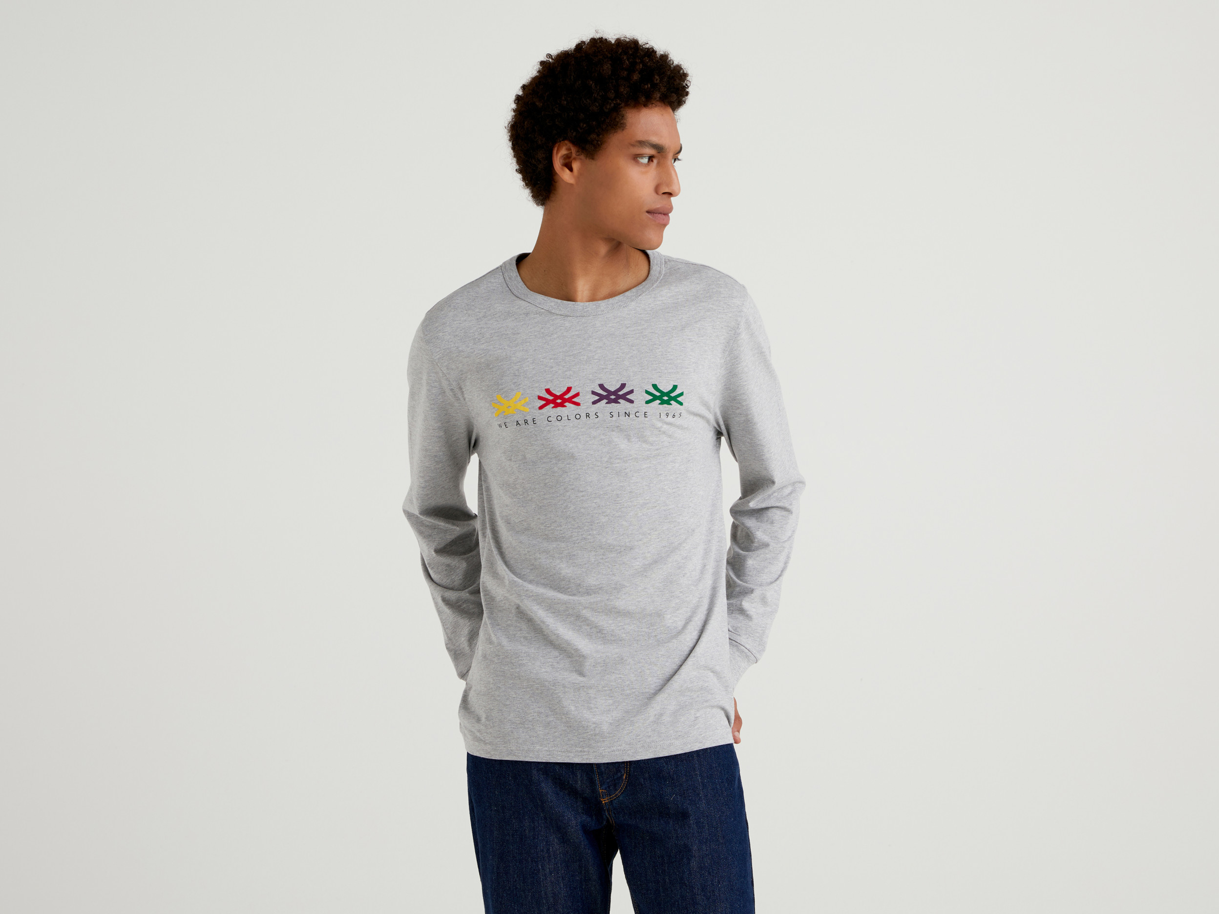 Benetton, T-shirt À Manches Longues Et Imprimé Logo, taille XL, Gris, Homme