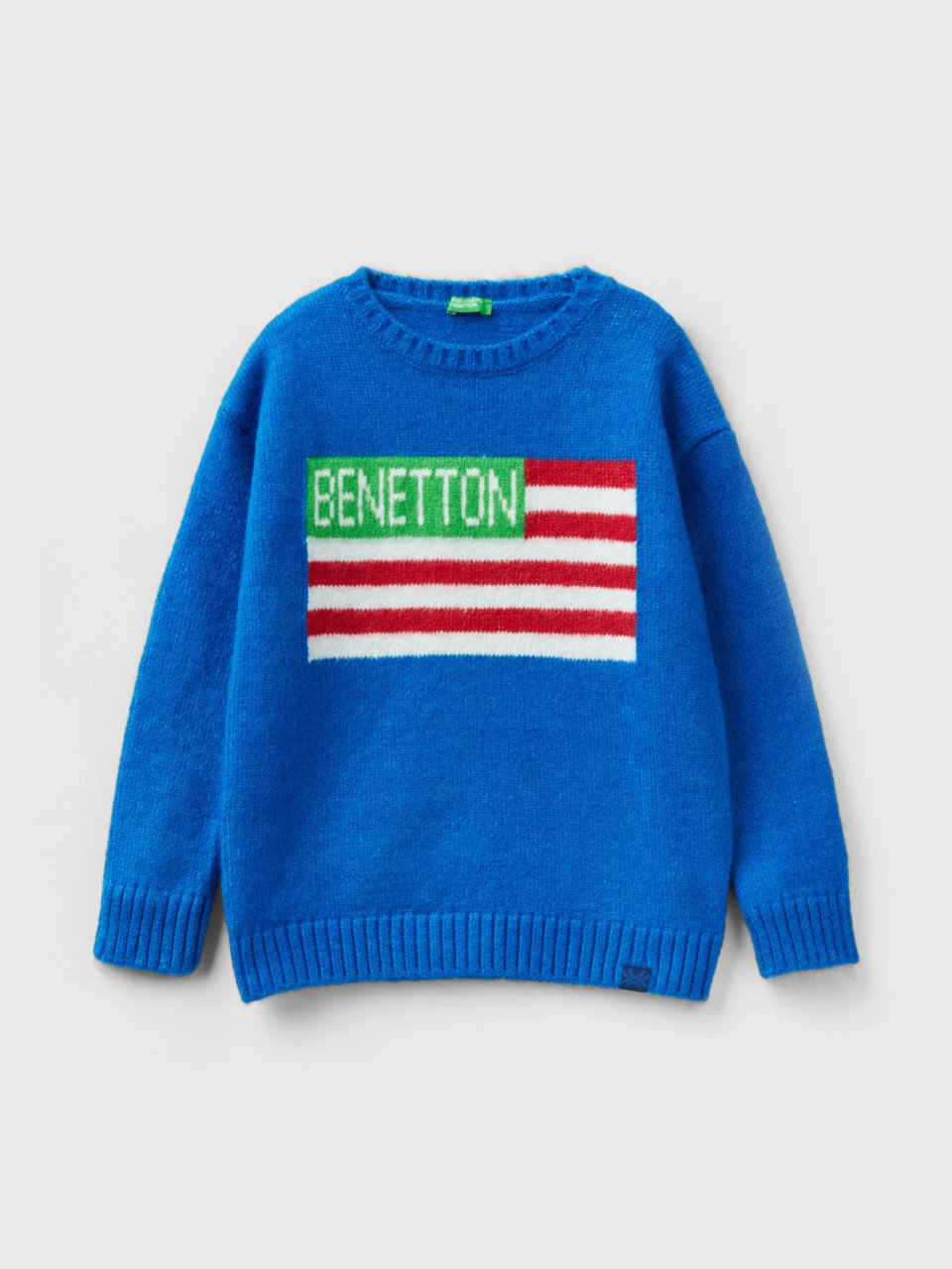Benetton, Sweater With Flag Inlay, Bright Blue, Kids