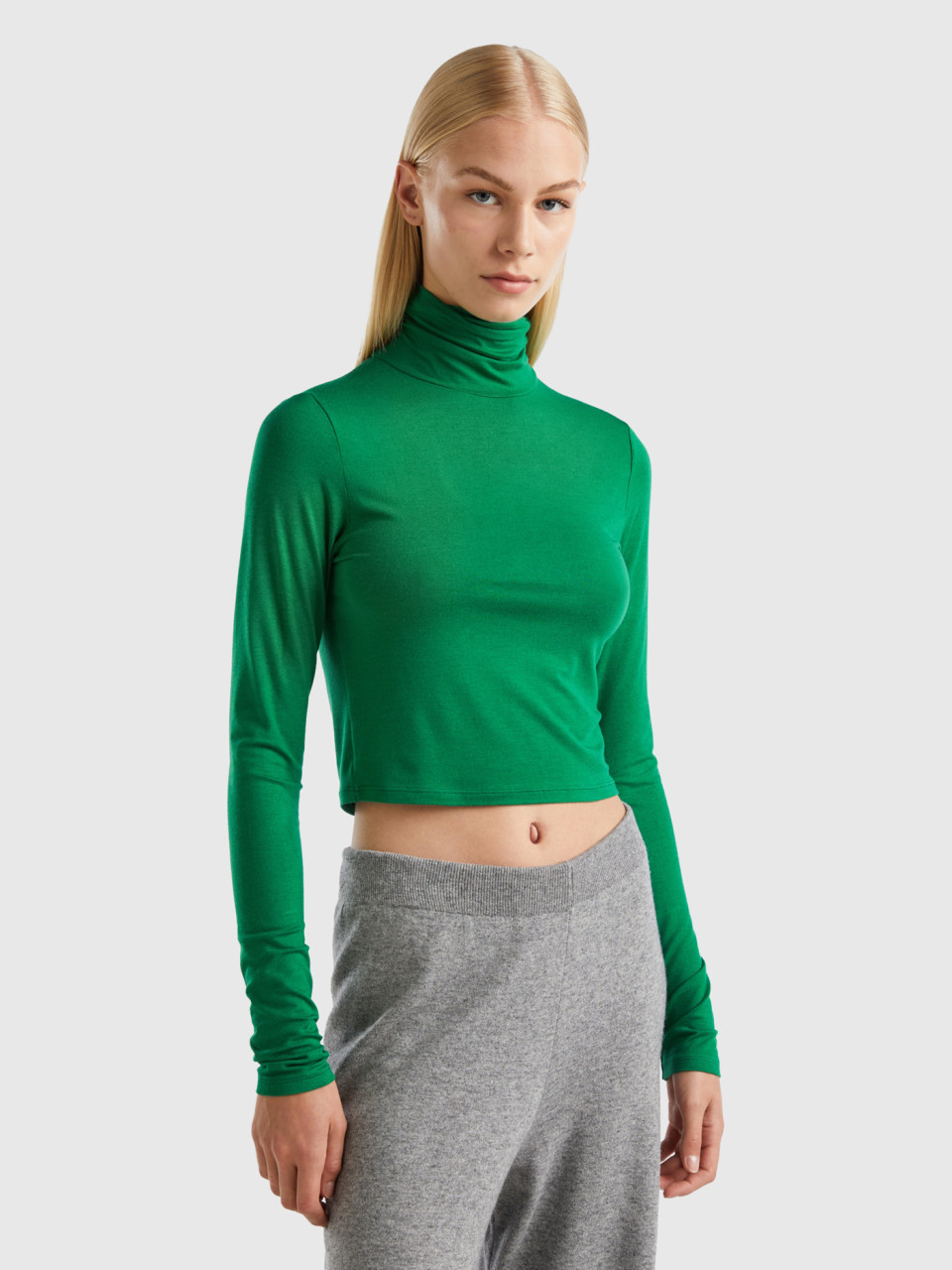 Benetton, T-shirt Mit Hohem Kragen, Grün, female