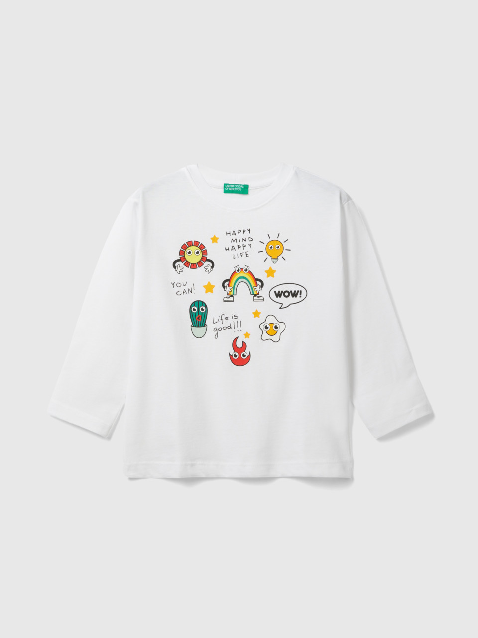 Benetton, Camiseta De Manga Larga De Algodón Orgánico, Blanco, Niños