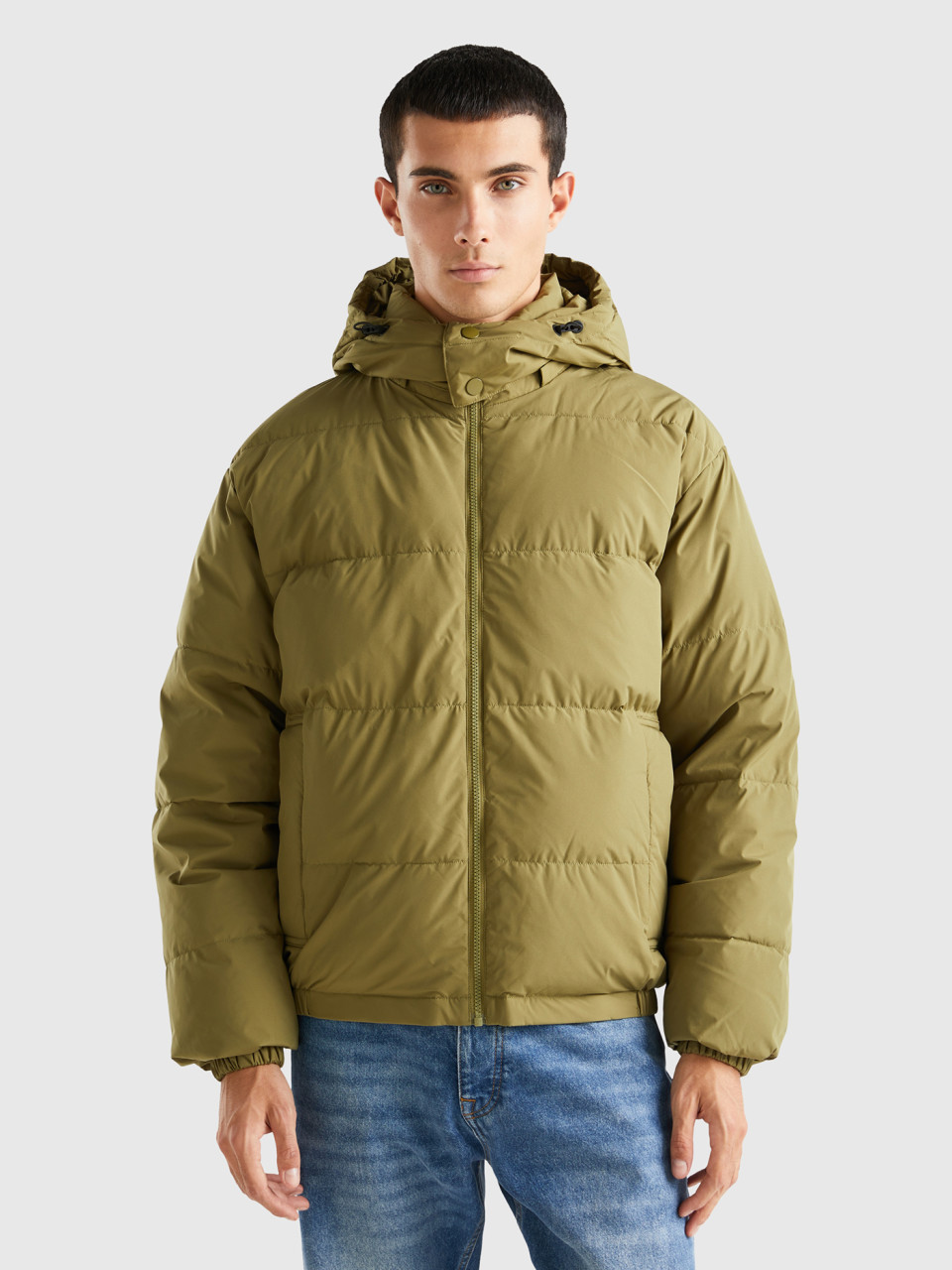 Benetton, Padded Jacket With Removable Hood, Military Green, Men