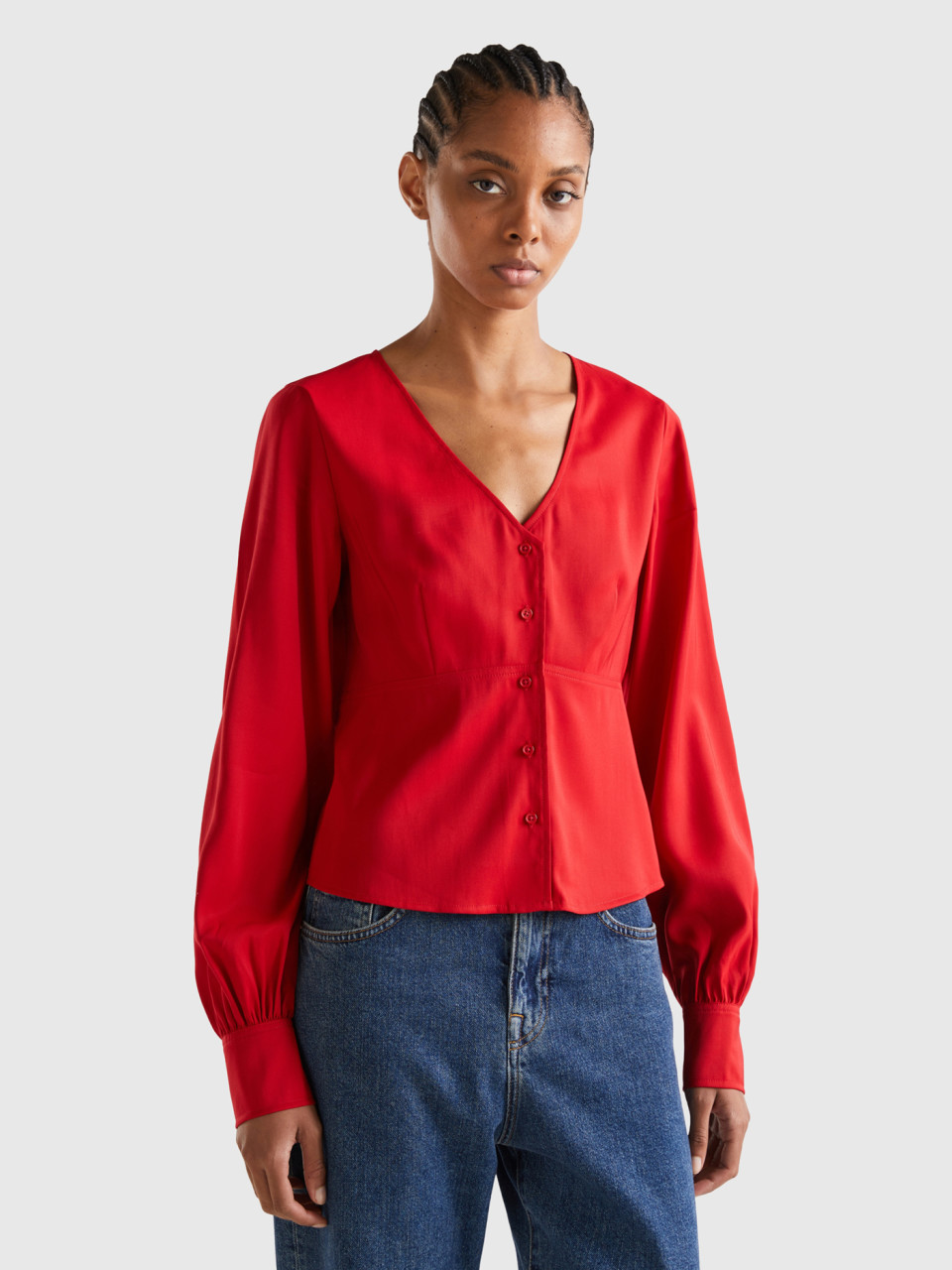Benetton, V-neck Shirt In 100% Cotton, Red, Women