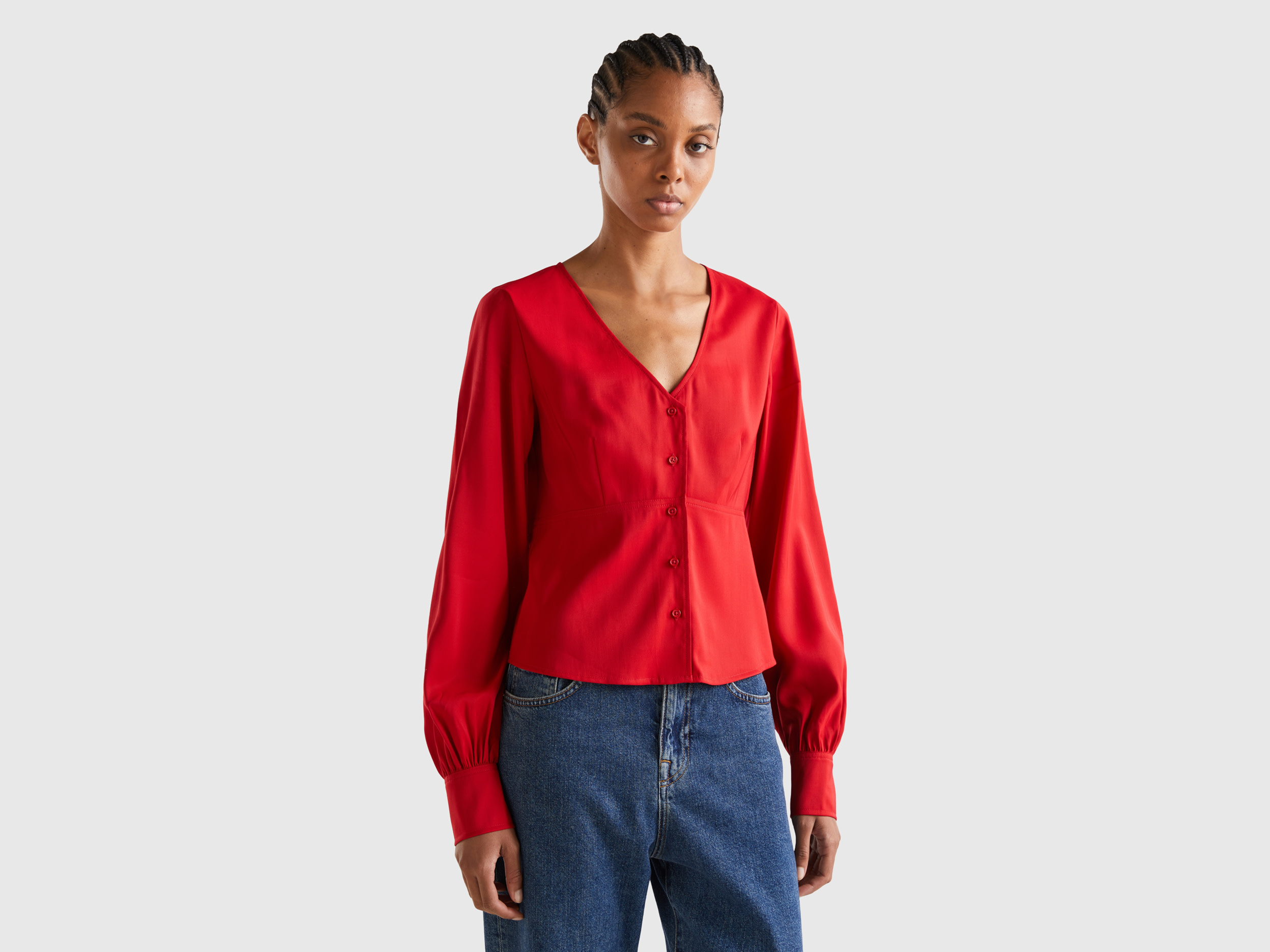 Benetton, V-neck Shirt In 100% Cotton, size L, Red, Women