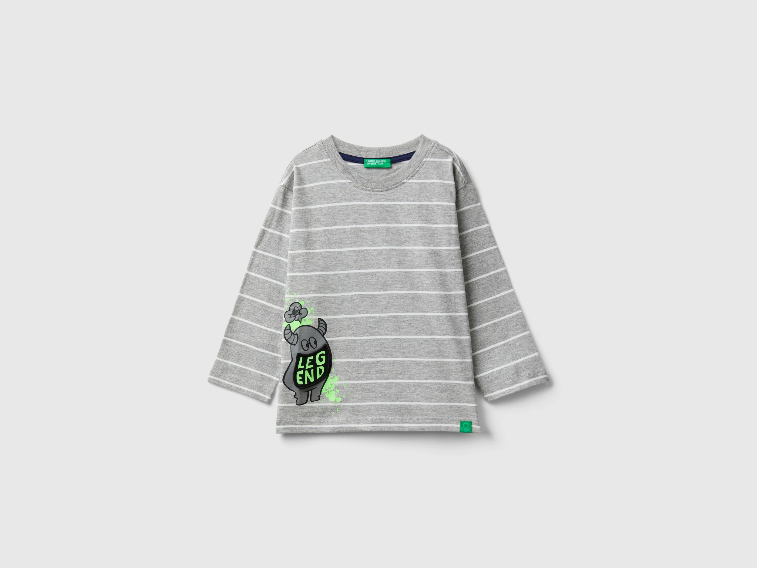 Benetton, T-shirt A Righe Con Applicazione, Grigio, Bambini