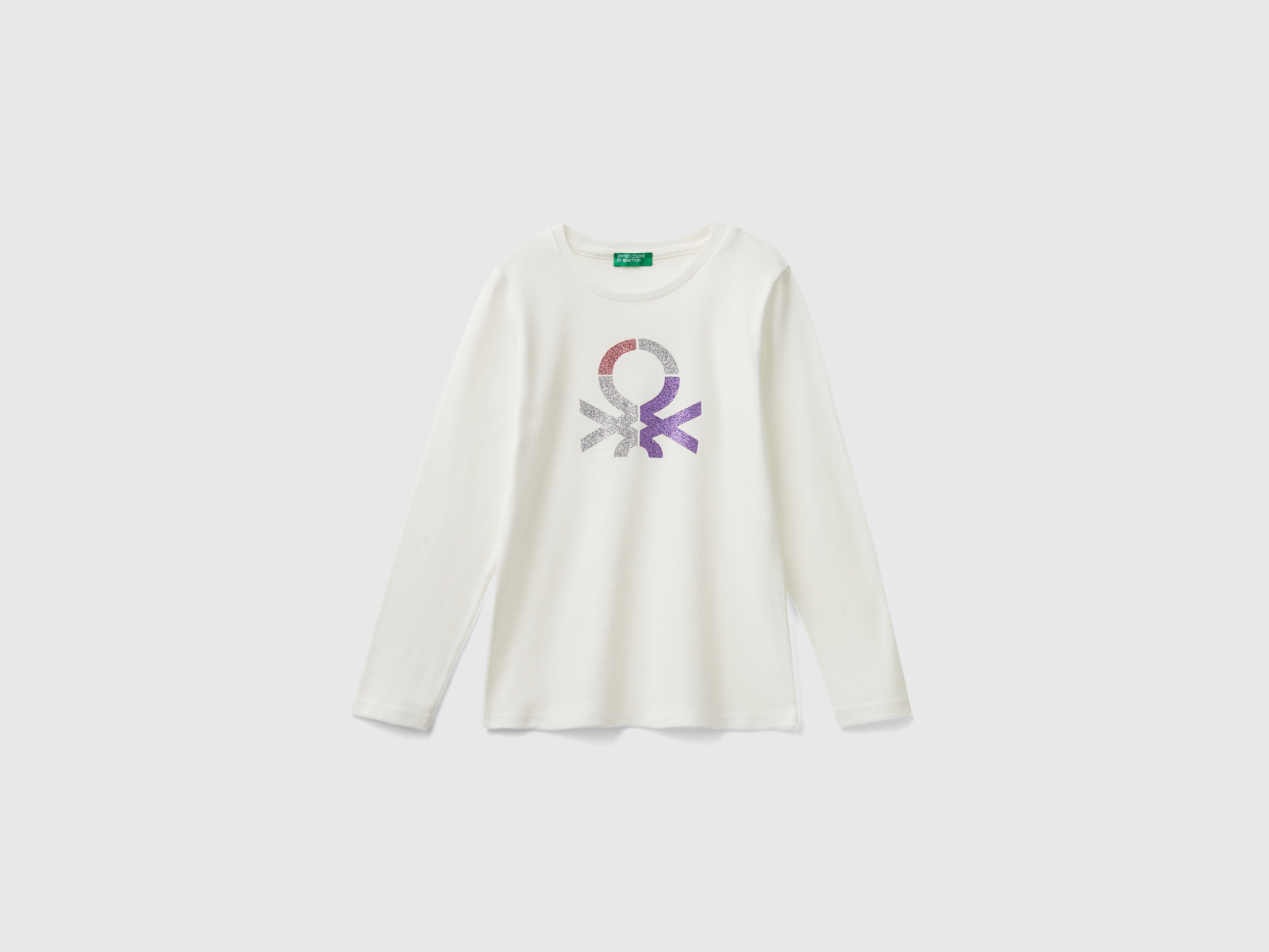 Benetton, T-shirt Manica Lunga Con Stampa Glitter, Bianco Panna, Bambini