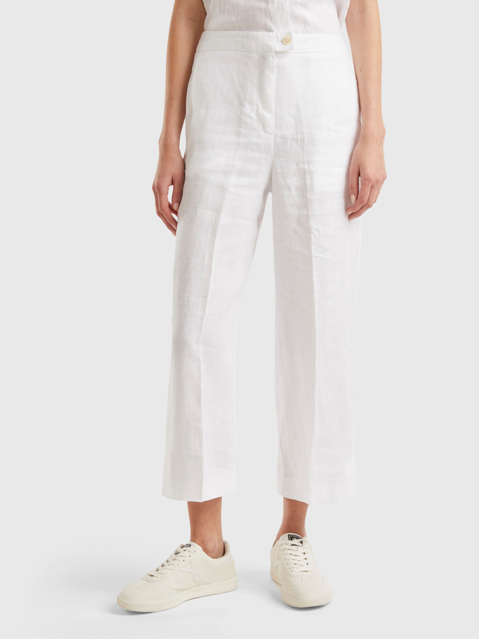 Benetton, Cropped Trousers In Pure Linen, White, Women