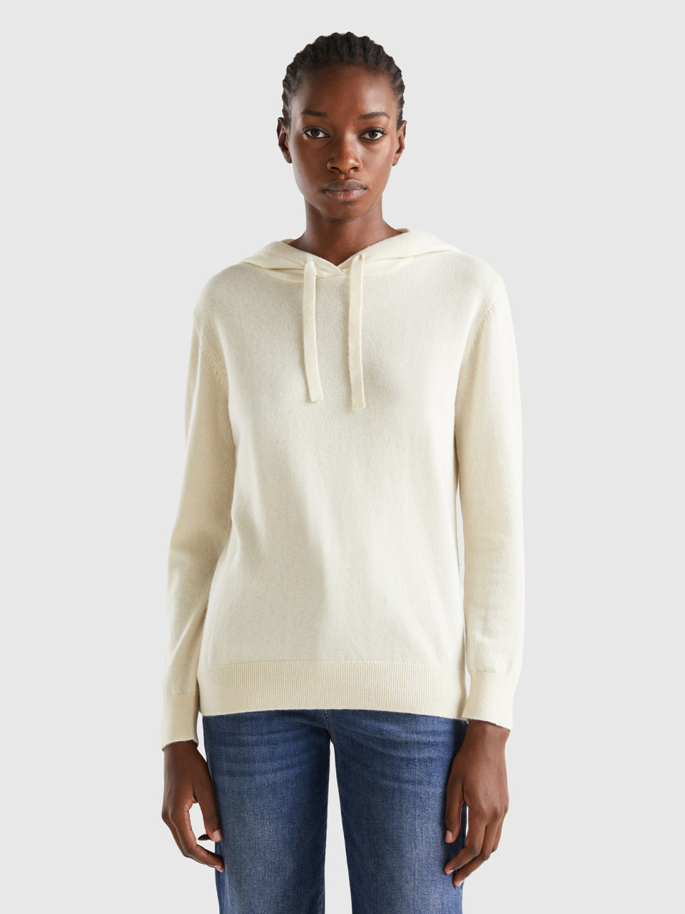Benetton, Cream White Sweater With Hood, Creamy White, Women