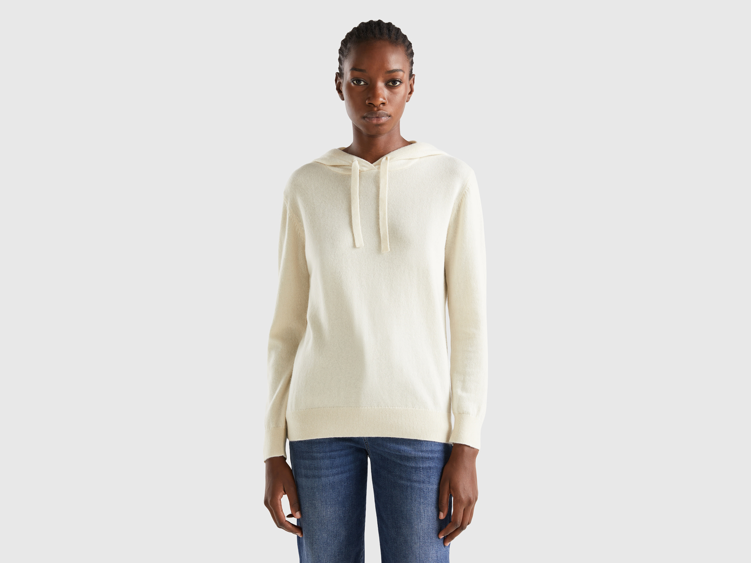 Benetton, Cream White Sweater With Hood, size L, Creamy White, Women