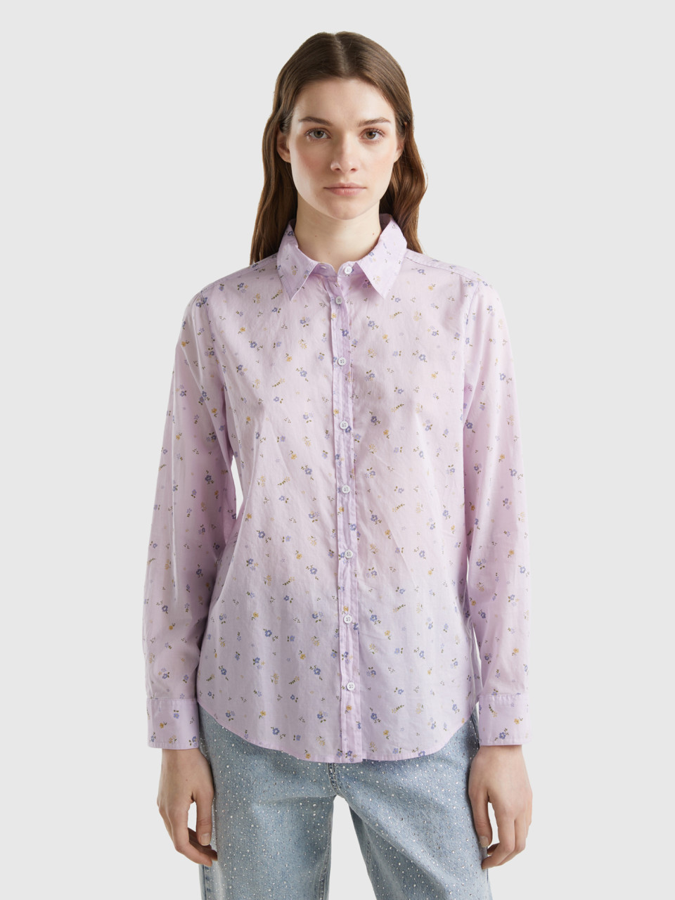 Benetton, 100% Cotton Patterned Shirt, Lilac, Women