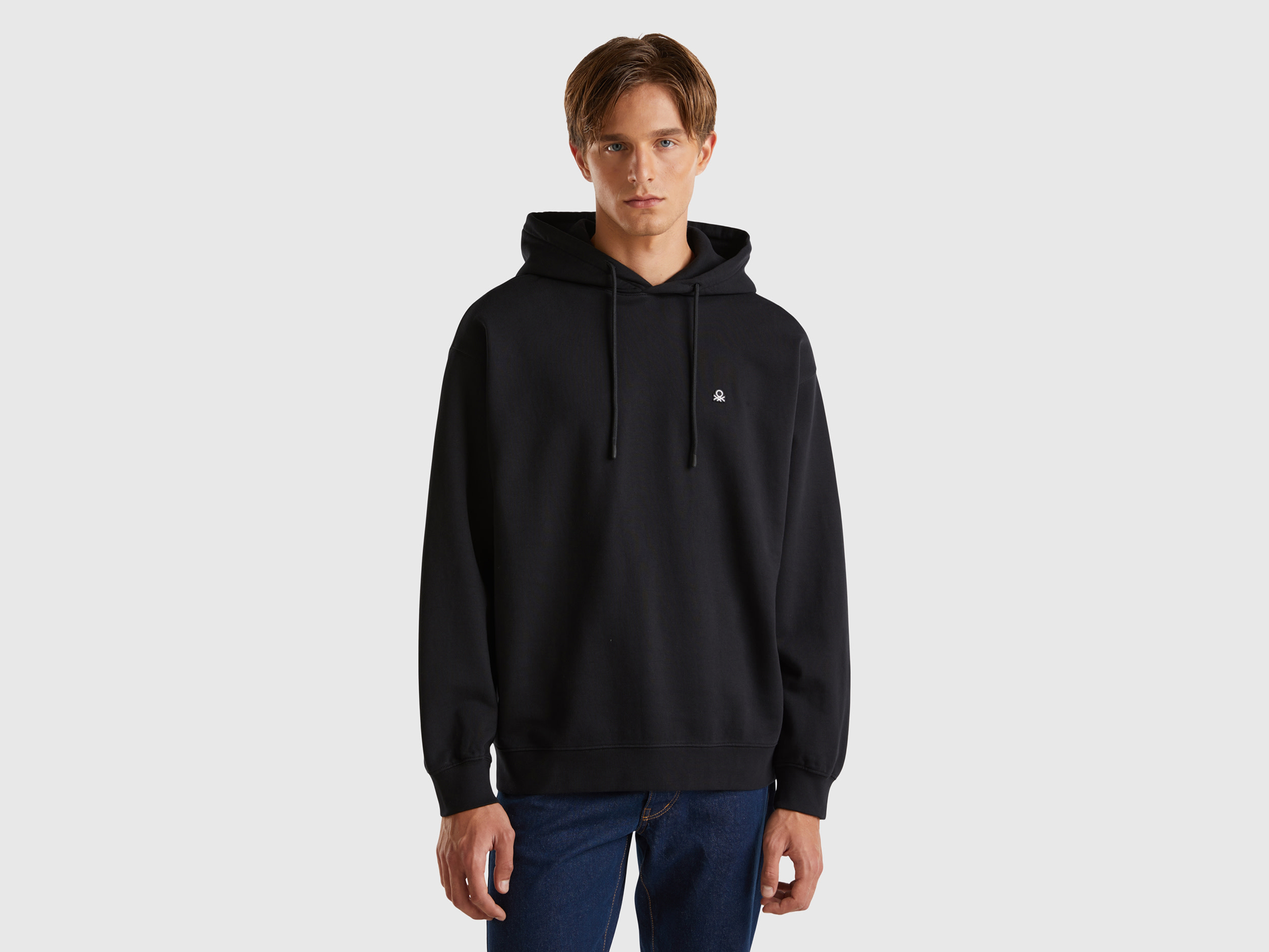 Benetton, Felpa 100% Cotone Con Cappuccio, Nero, Uomo