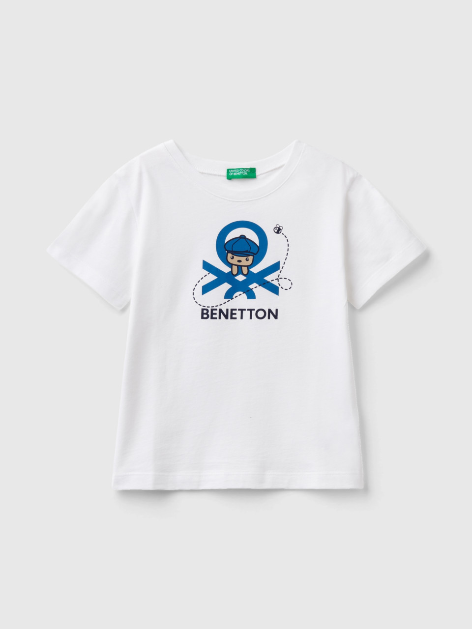 Benetton, Camiseta De 100 % Algodón Orgánico Con Estampado, Blanco, Niños