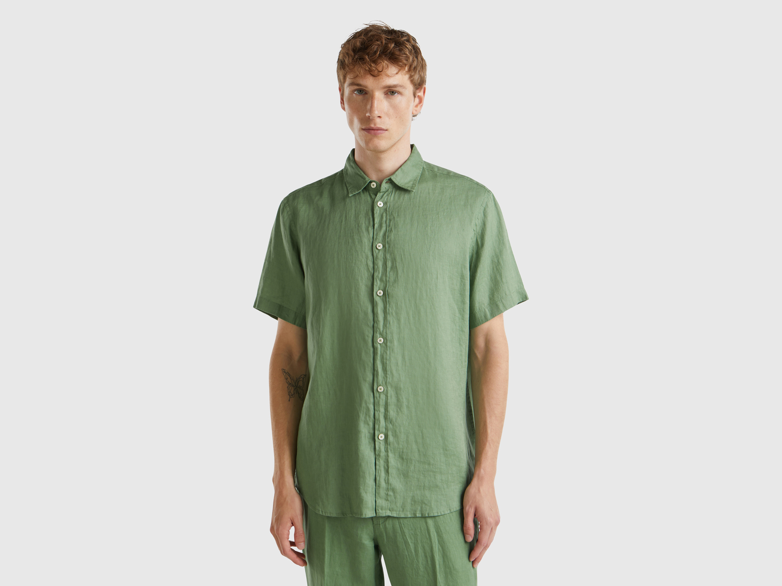 Benetton, Camicia A Manica Corta In Puro Lino, Verde, Uomo