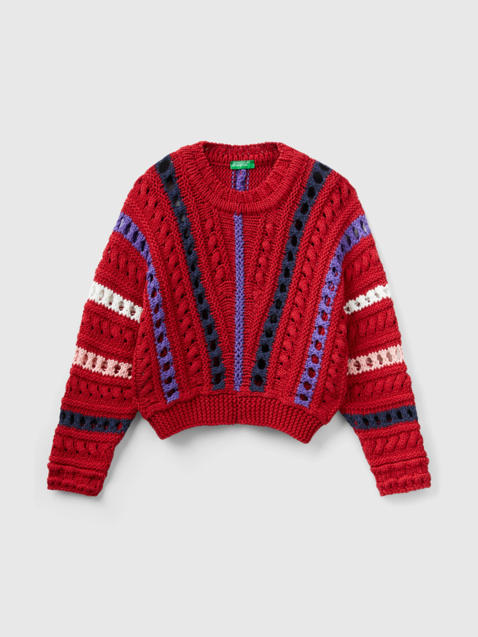Benetton, Sweater With Cable Knit And Perforations, Red, Kids