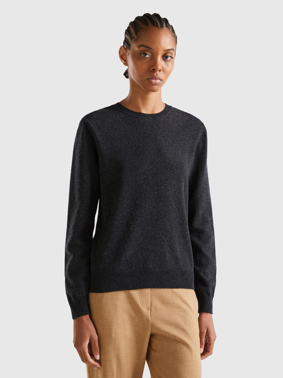 Benetton, Charcoal Gray Crew Neck Sweater In Pure Merino Wool, Dark Gray, Women