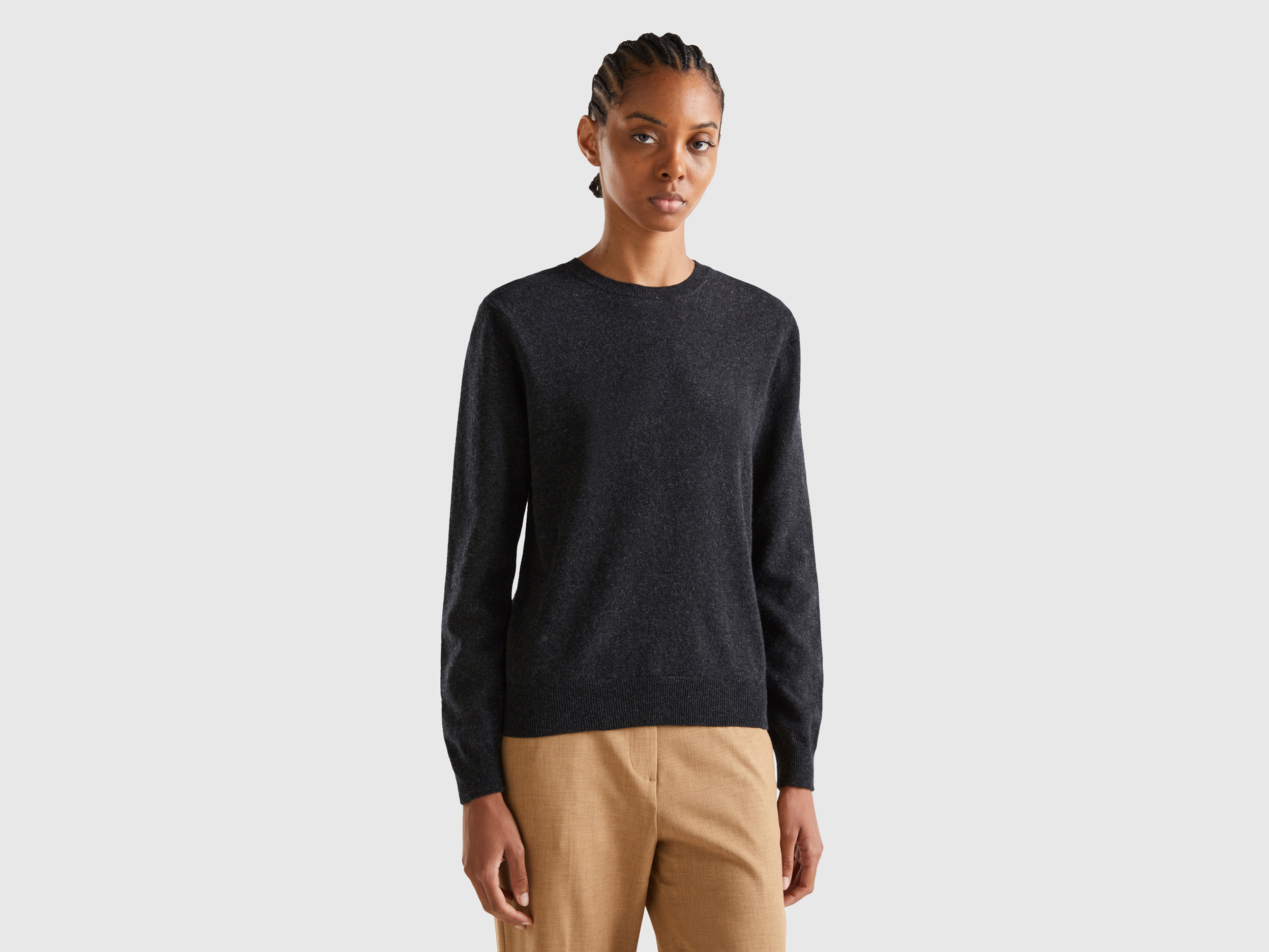 Benetton, Charcoal Gray Crew Neck Sweater In Pure Merino Wool, size XS, Dark Gray, Women