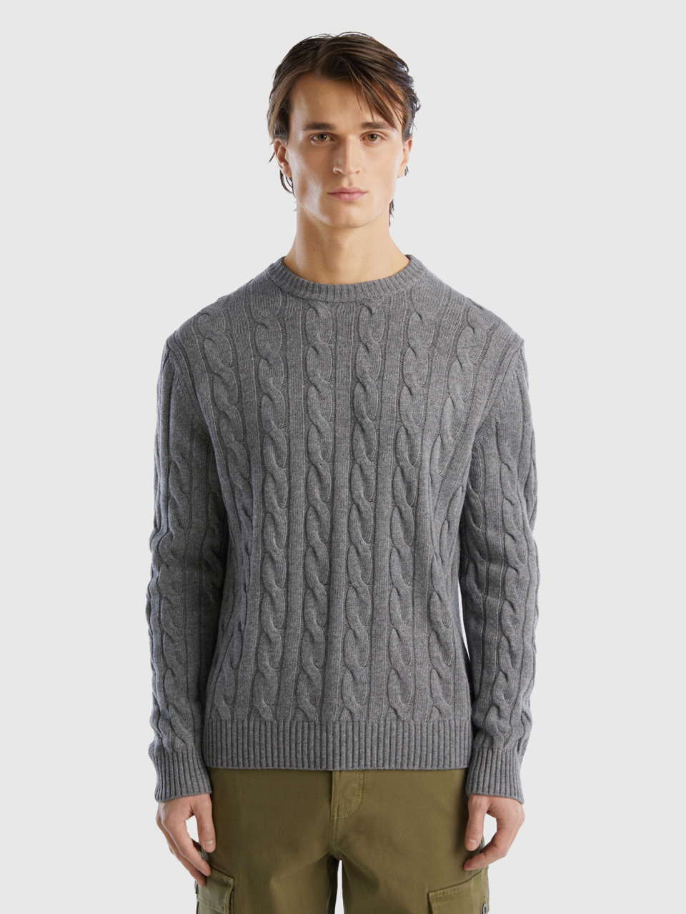 Benetton, Cable Knit Sweater In Cashmere Blend, Gray, Men