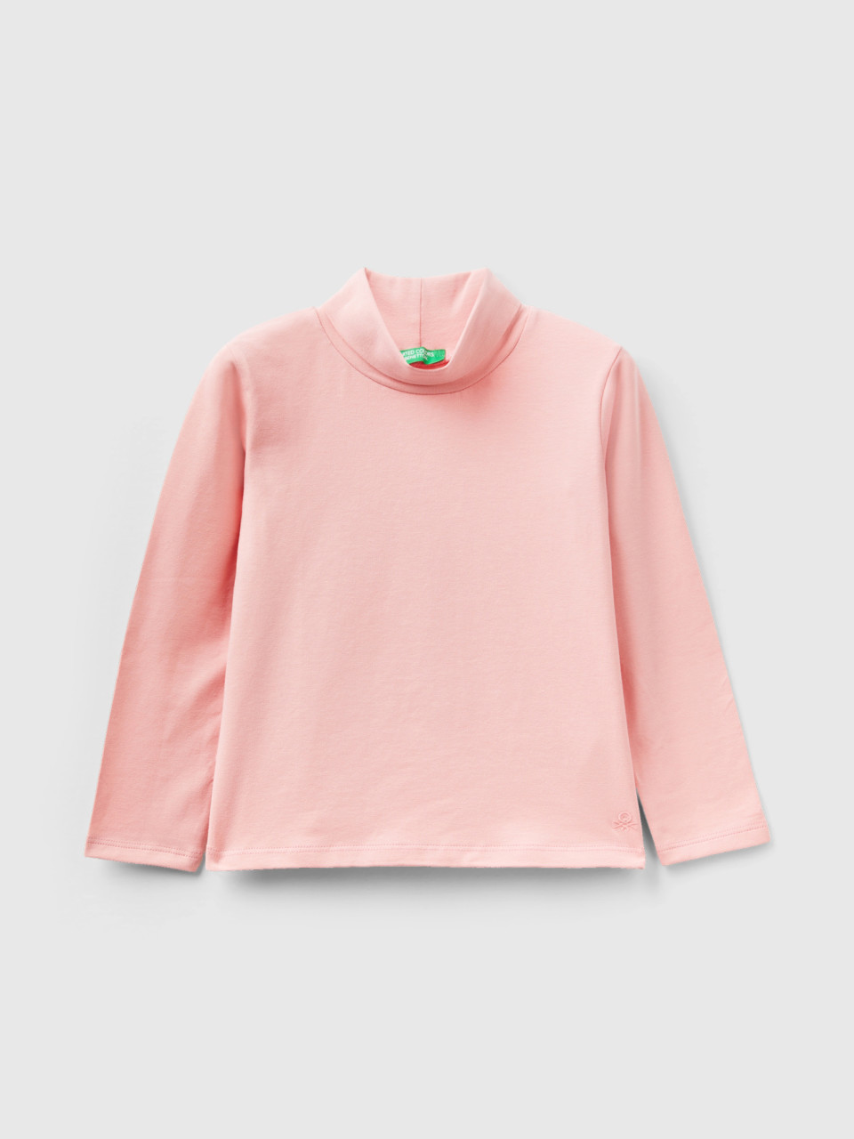 Benetton, Turtleneck T-shirt In Stretch Cotton, Pink, Kids