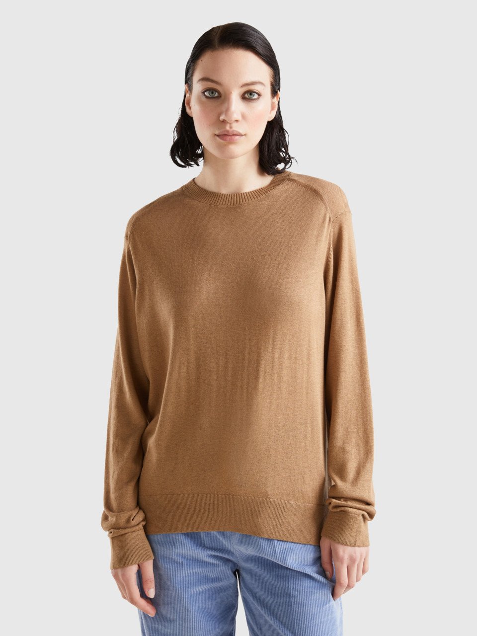 Benetton, Sweater In Viscose Blend With Slits, Camel, Women