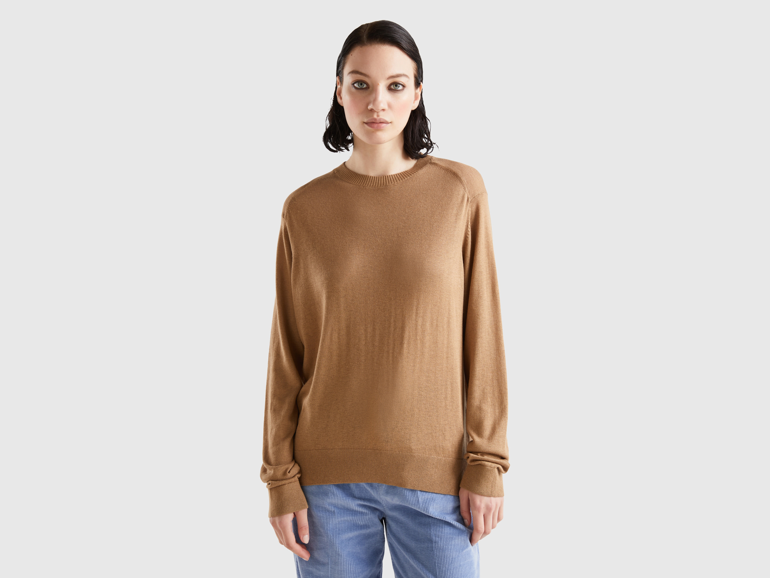 Benetton, Sweater In Viscose Blend With Slits, size S, Camel, Women