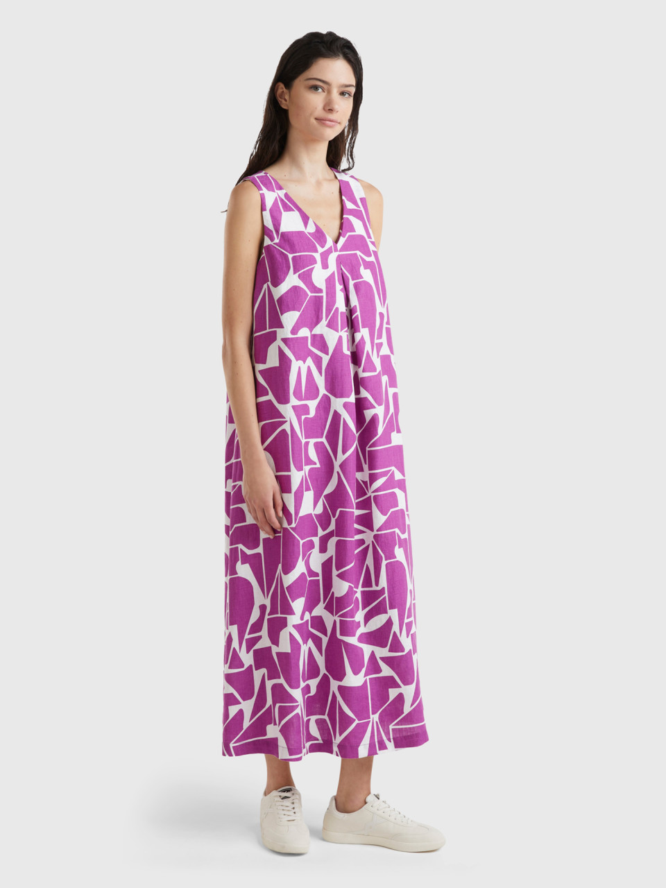 Benetton, Printed Linen Dress, Violet, Women
