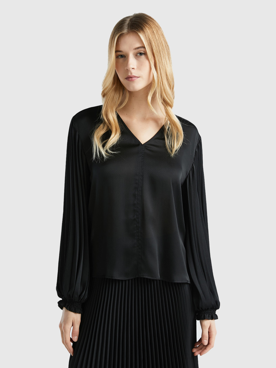 Benetton, Blouse With Long Pleated Sleeves, Black, Women