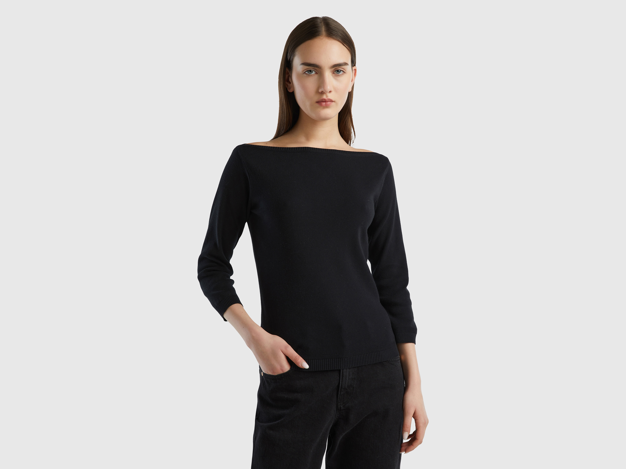 Benetton Online exclusive, 100% Cotton Boat Neck Sweater, size S, Black, Women