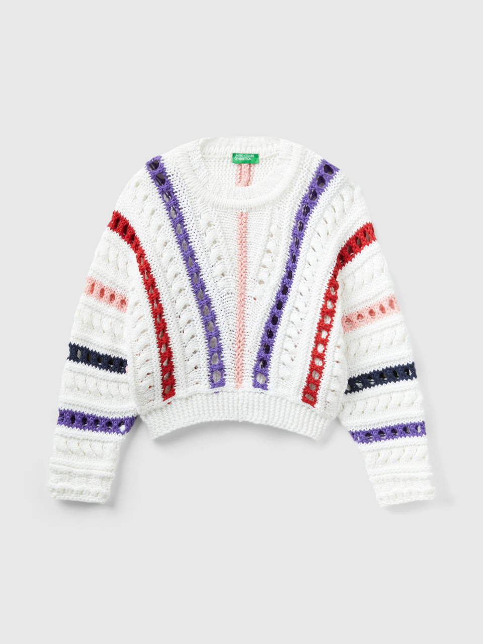 Benetton, Sweater With Cable Knit And Perforations, Creamy White, Kids