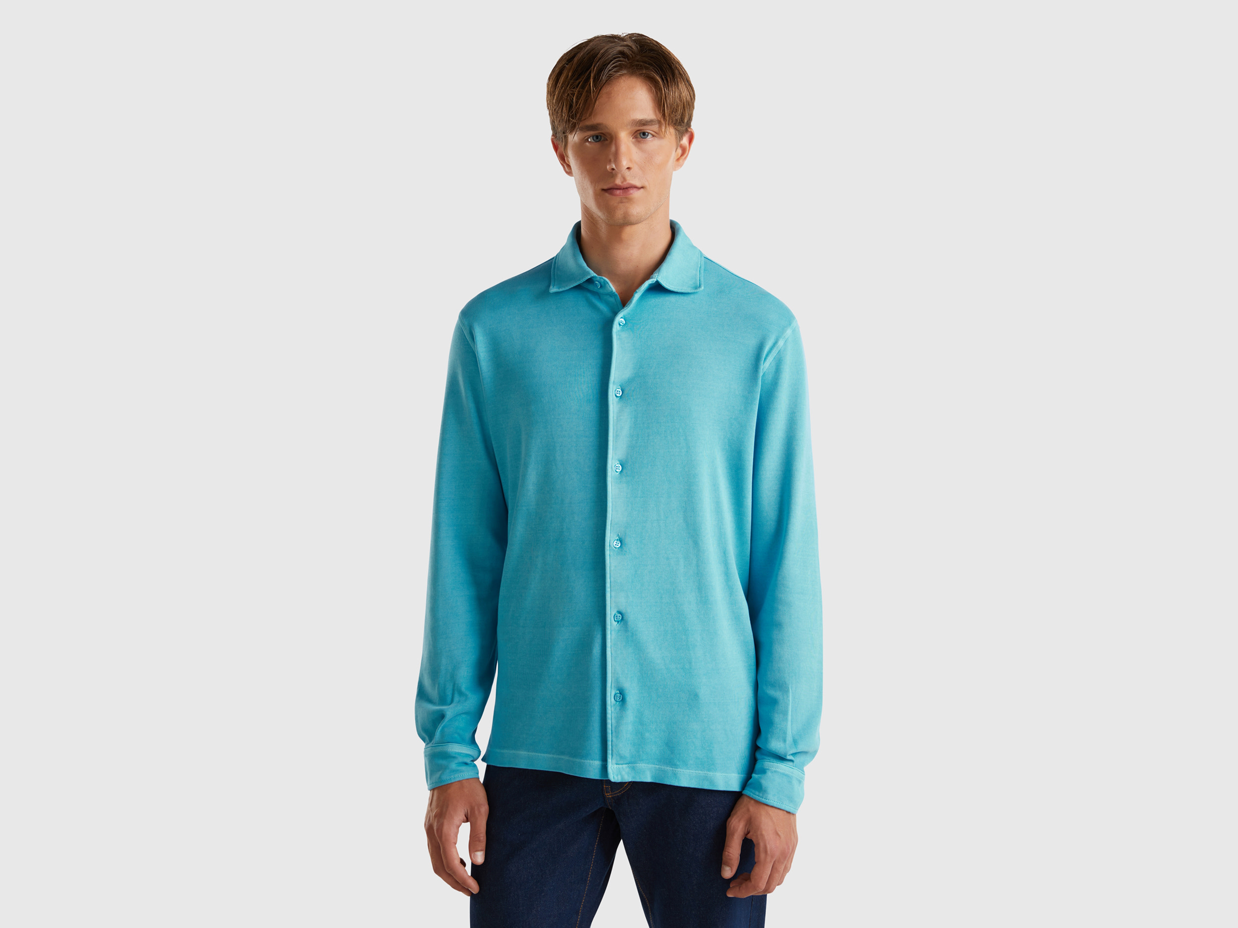 Benetton, Camicia In Puro Cotone, Azzurro, Uomo