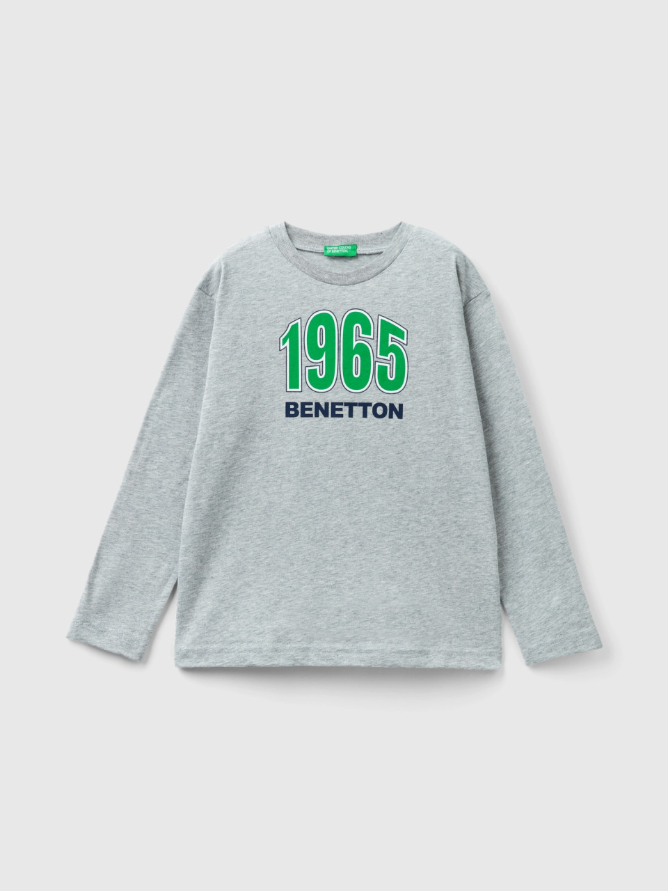 Benetton, Langärmeliges T-shirt Aus Bio-baumwolle, Hellgrau, male