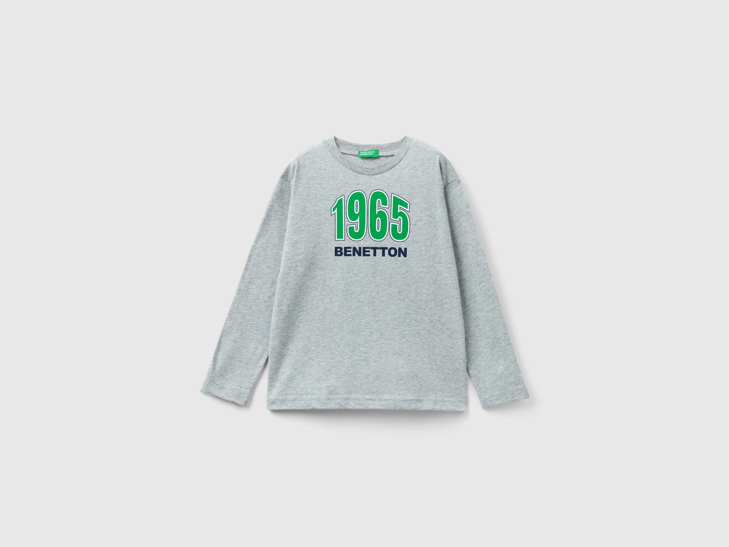 Image of Benetton, Long Sleeve Organic Cotton T-shirt, size M, Light Gray, Kids