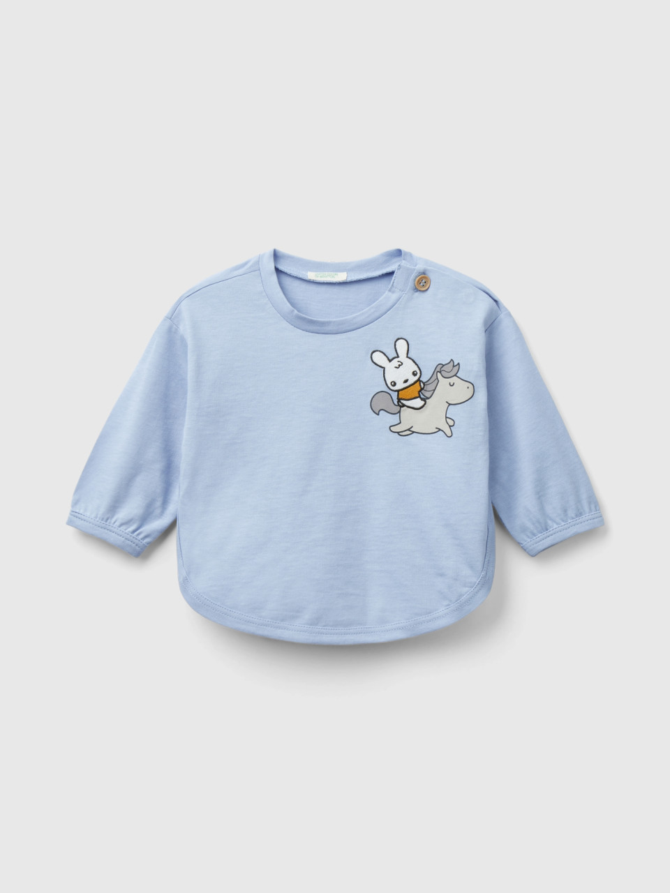Benetton, T-shirt In Organic Cotton With Print, Sky Blue, Kids