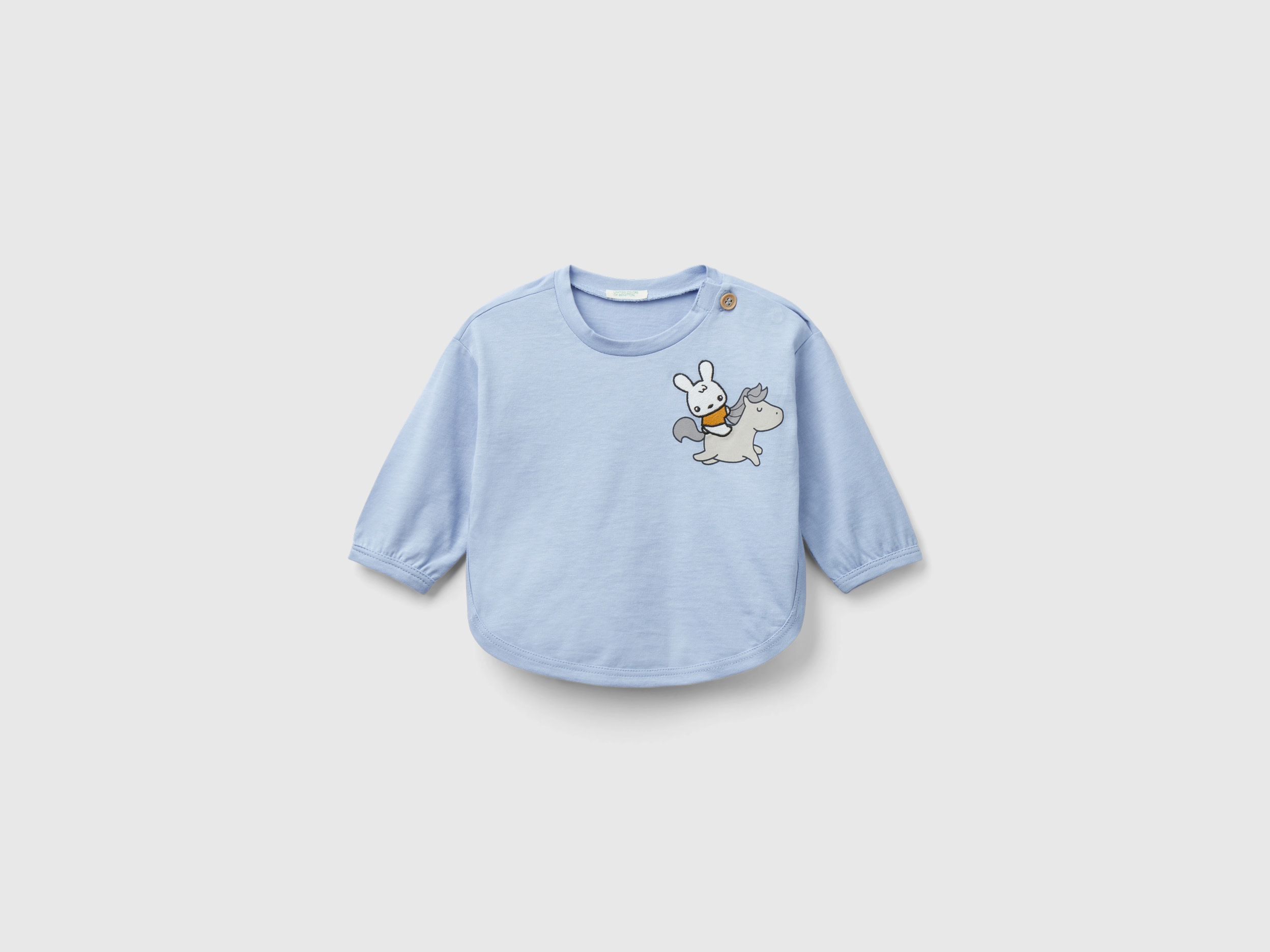 Image of Benetton, T-shirt In Organic Cotton With Print, size 74, Sky Blue, Kids
