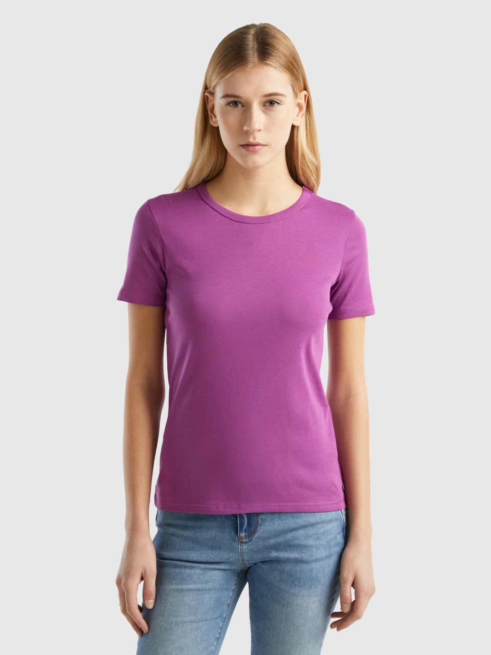 Benetton, T-shirt En Coton Longues Fibres, Violet, Femme