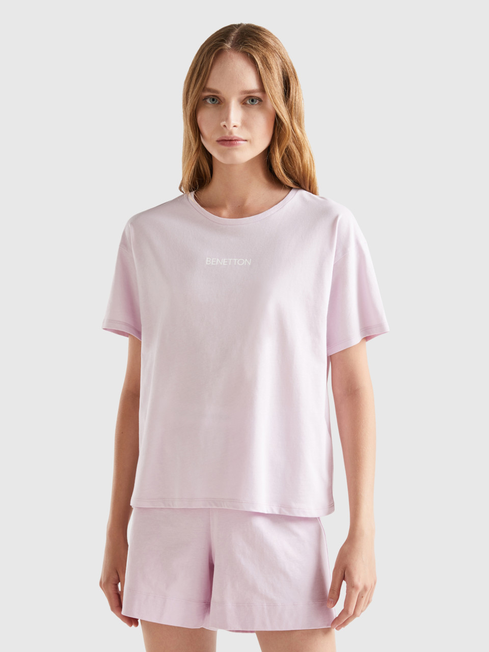 Benetton, T-shirt 100% Coton, Rose Pâle, Femme
