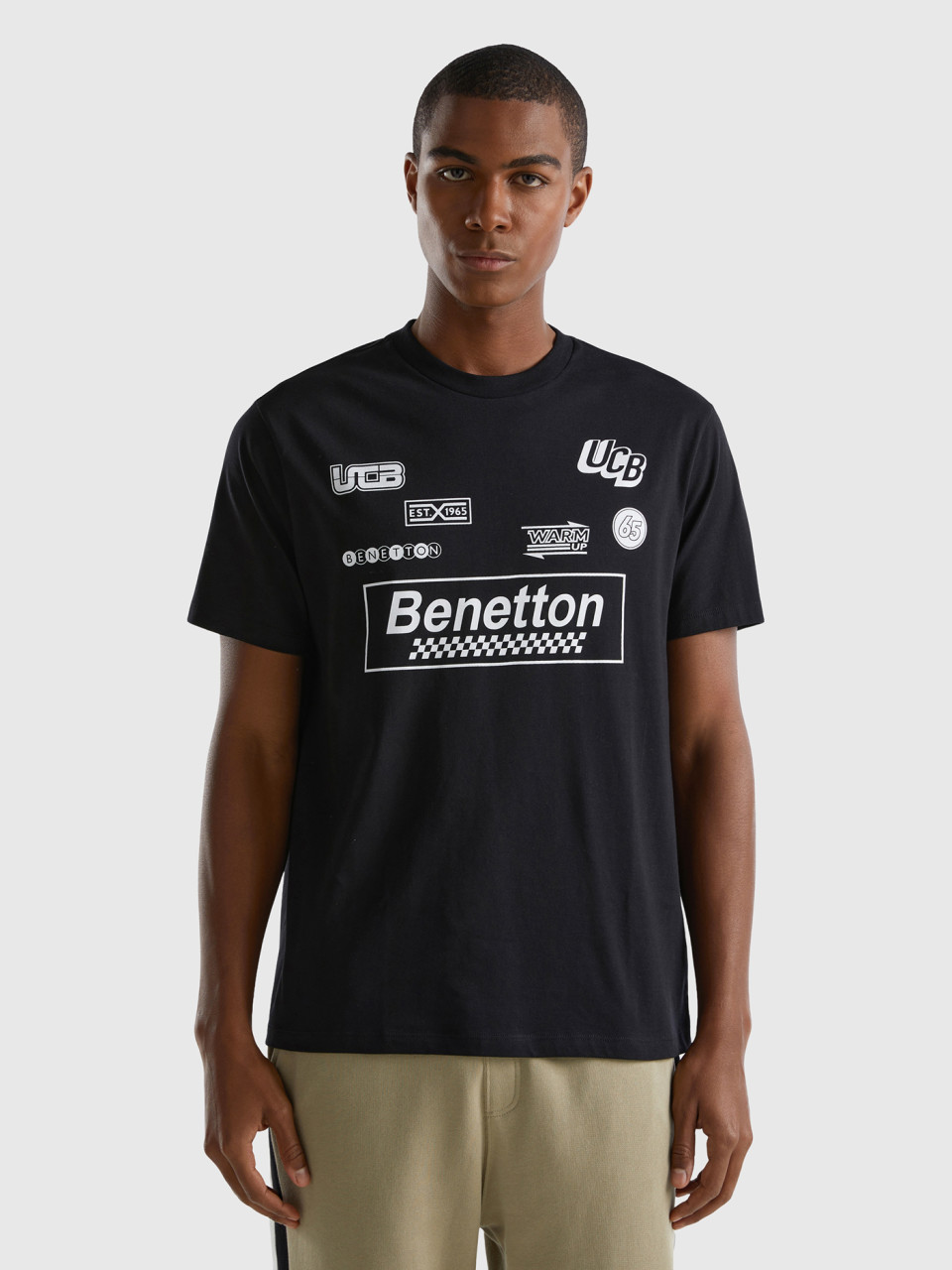 Benetton, Black T-shirt With Logo Prints, Black, Men