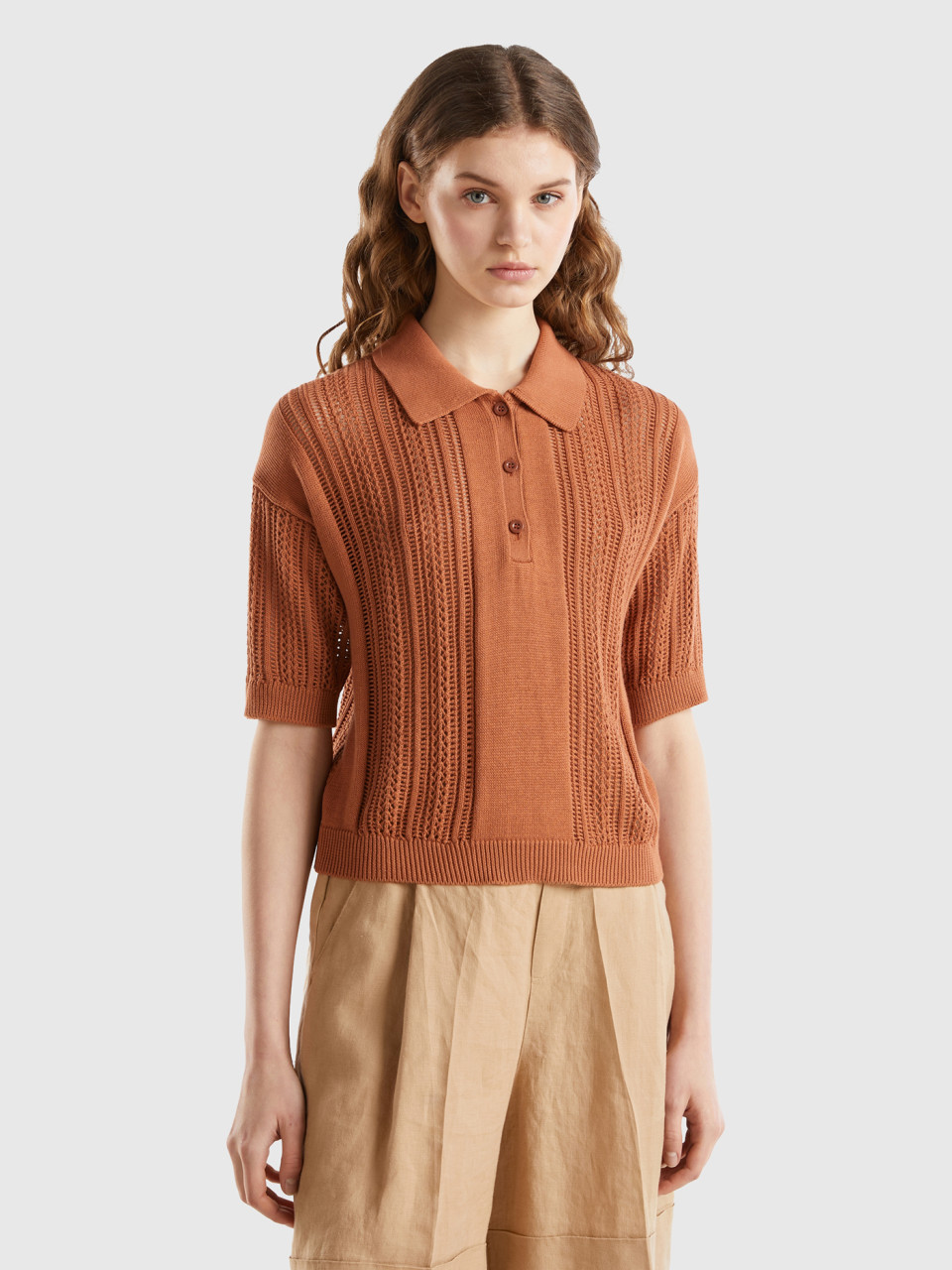 Benetton, Crochet Knit Polo Shirt, Brown, Women