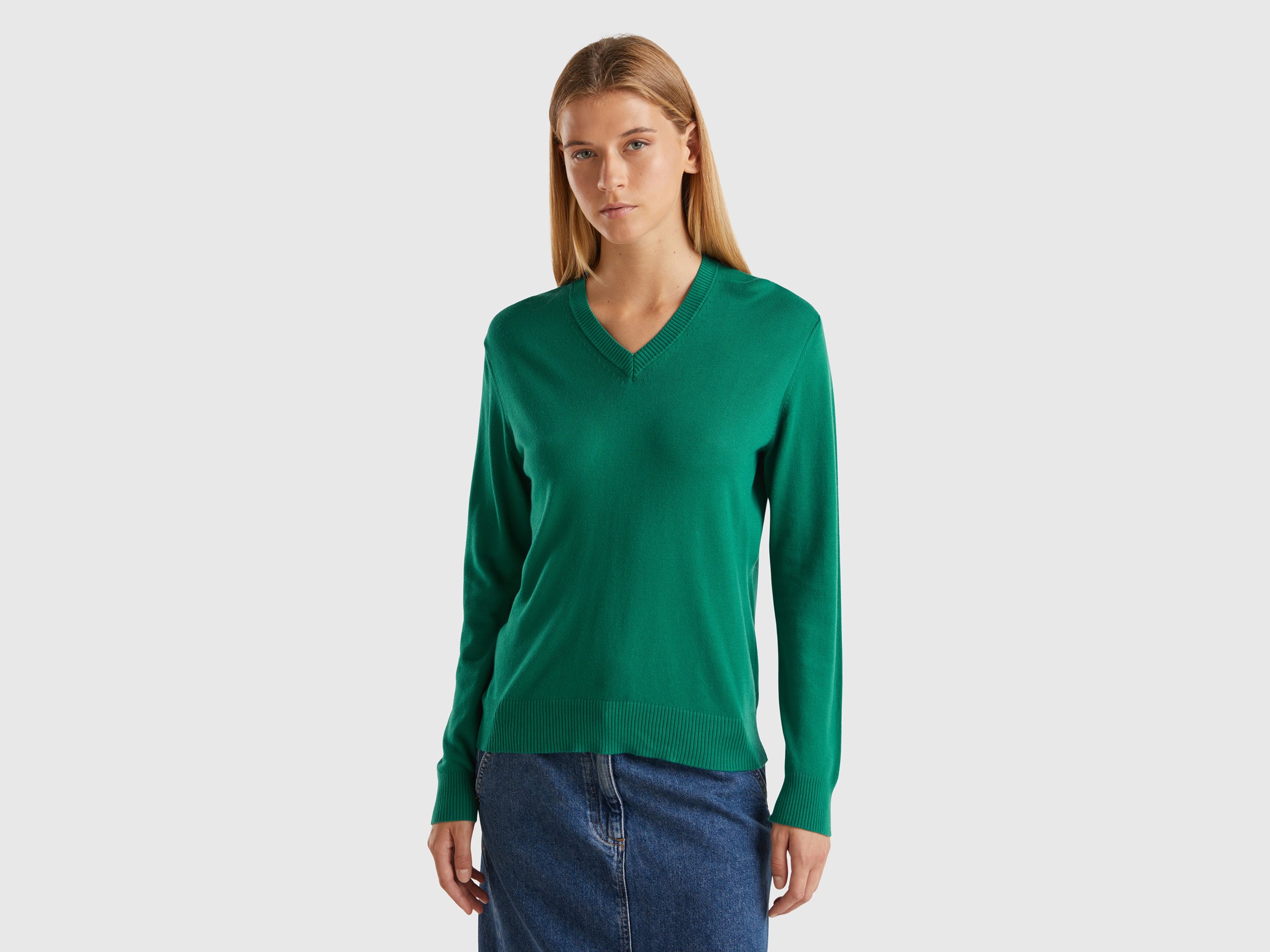 Benetton, Maglia Scollo A V In Misto Modal®, Verde Scuro, Donna