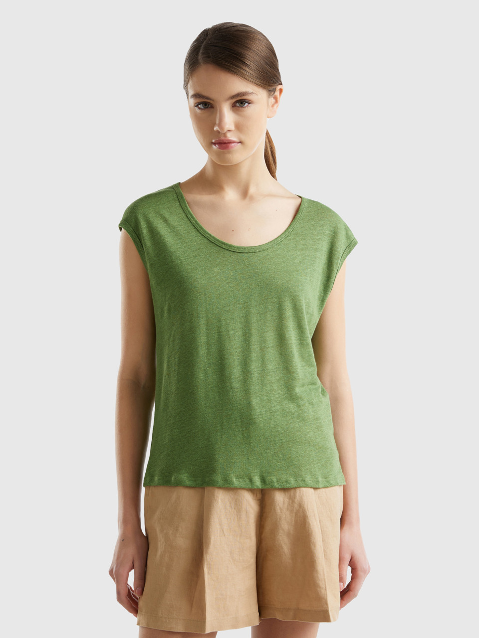 Benetton, Wide Neck T-shirt In Pure Linen, Military Green, Women