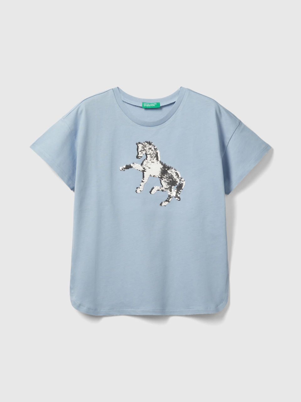 Benetton, T-shirt With Reversible Sequins, Sky Blue, Kids