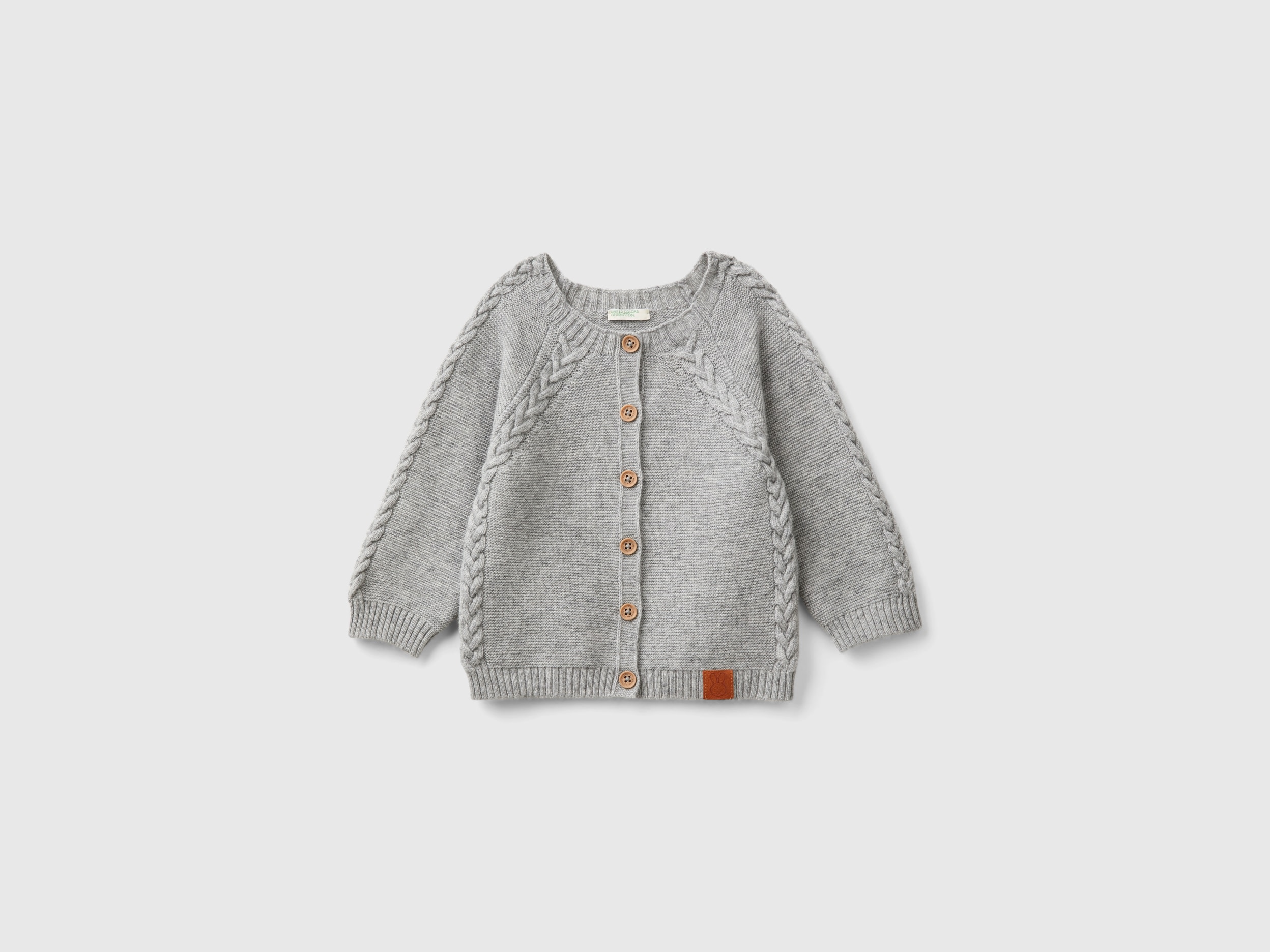 Benetton, Cardigan Con Trecce In Misto Lana Riciclata, Grigio Chiaro, Bambini