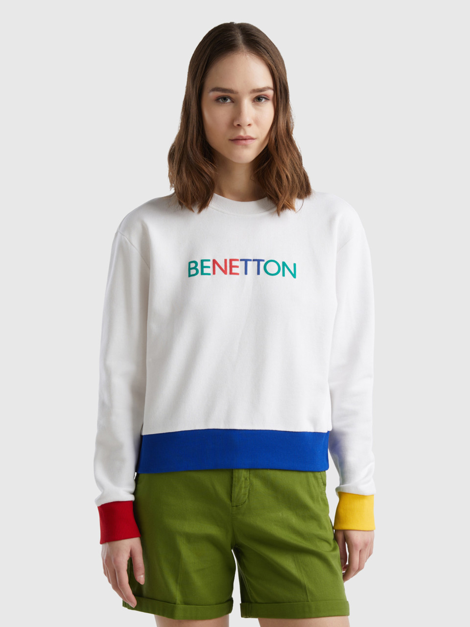 Benetton, Felpa 100% Cotone Con Stampa Logo, Bianco, Donna