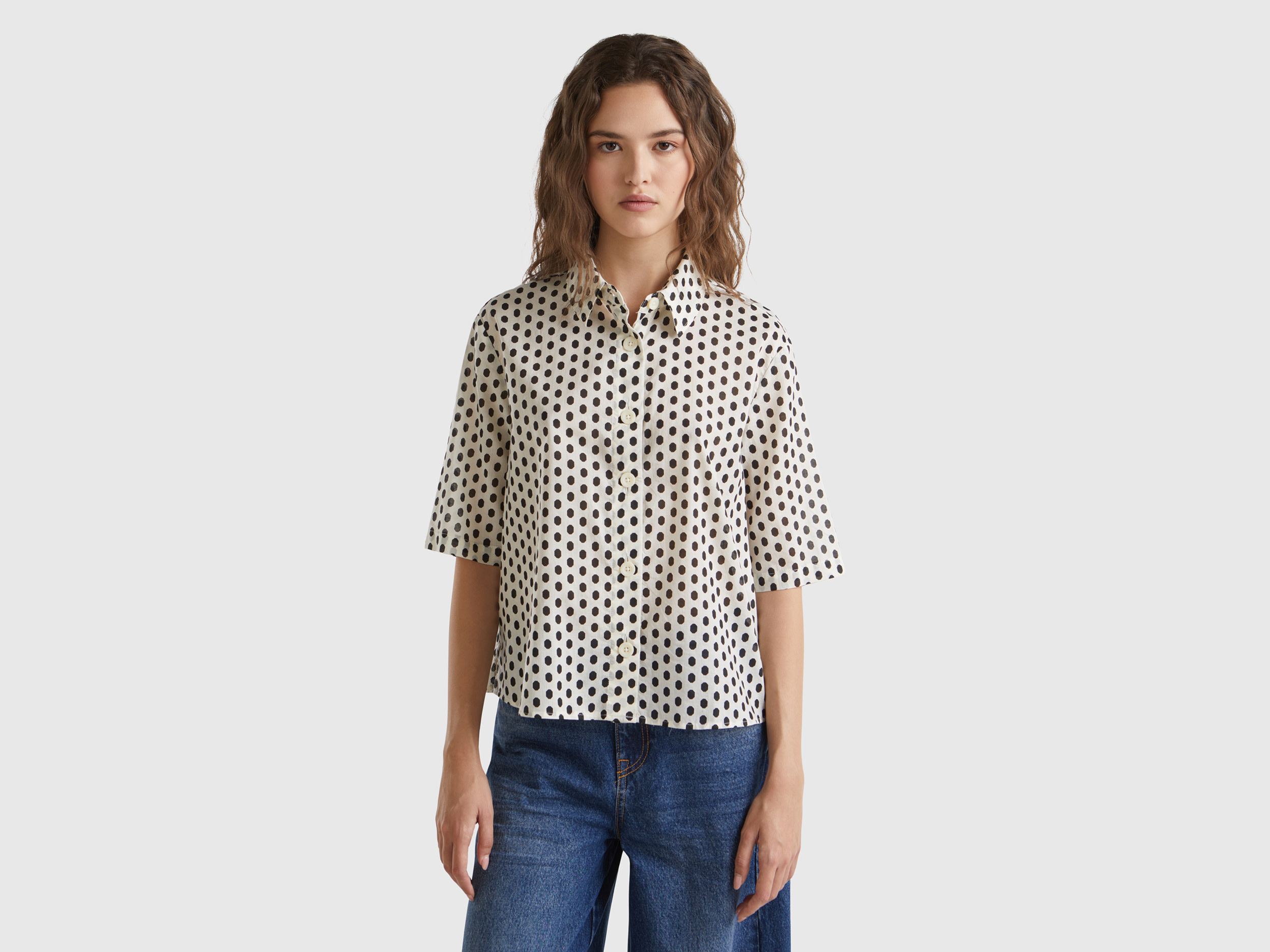 Benetton, Camicia Fantasia A Manica Corta, Bianco Panna, Donna