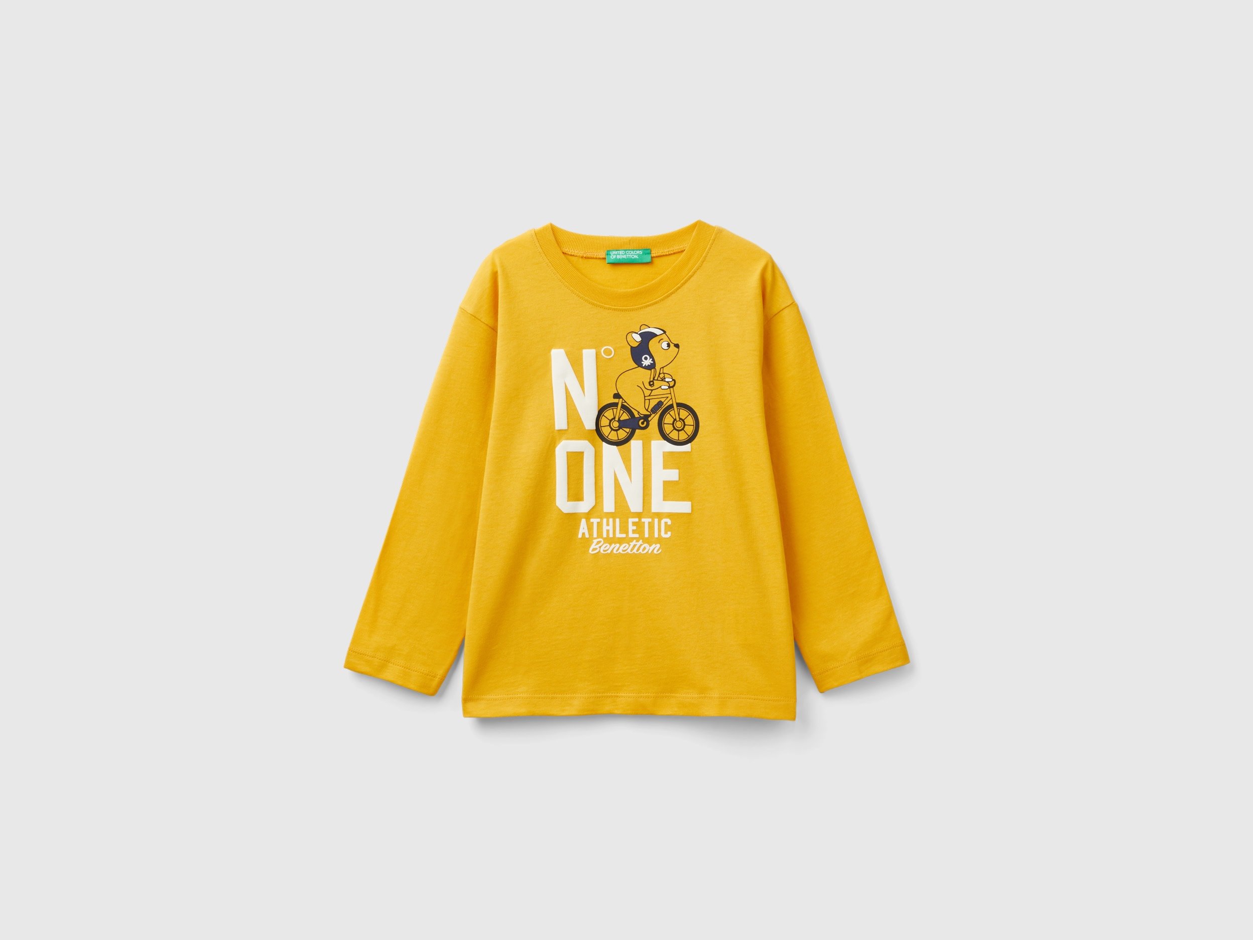 Benetton, Maglietta Con Stampa In Cotone Bio, Senape, Bambini