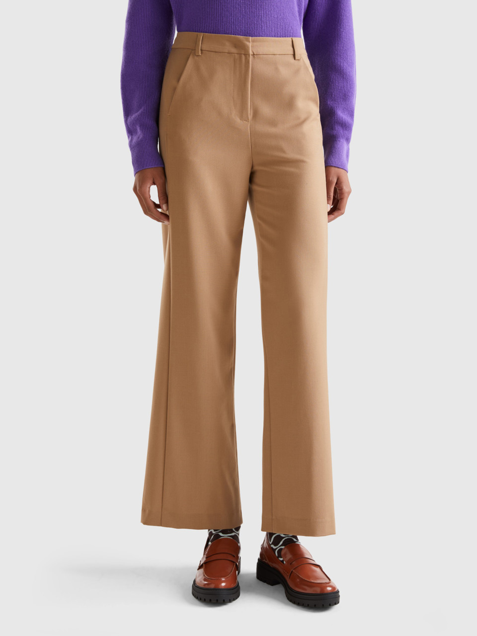 Benetton, Flowy Trousers With Tapered Leg, Camel, Women