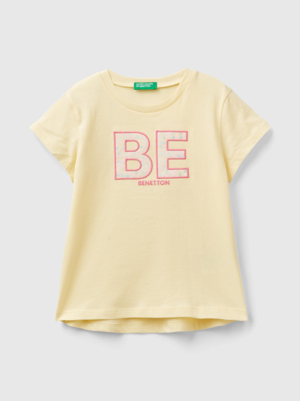 Benetton, Camiseta De Algodón Orgánico Con Bordado De Logotipo, Vainilla, Niños